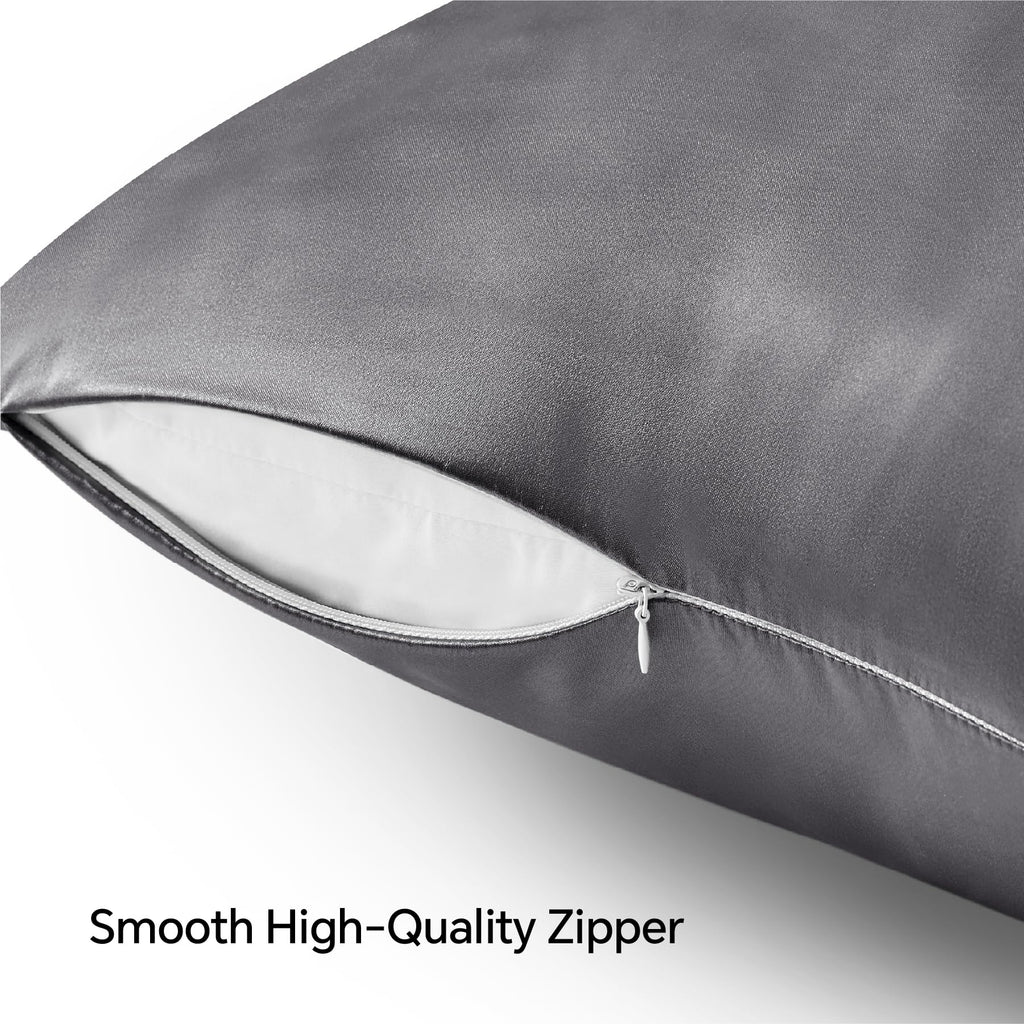 Bedelite Satin Pillowcase With Zipper, Dark Grey King Size Pillow Cases Set Of 2, Super Soft And Cooling Similar To Silk Pillow