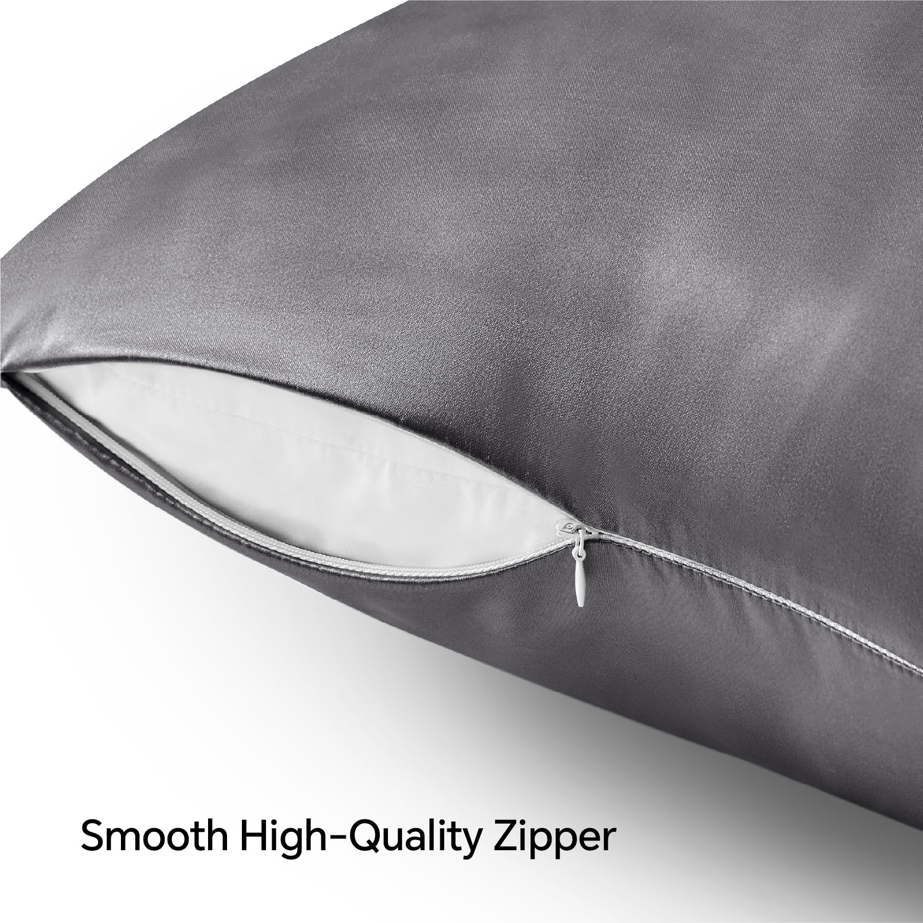 Bedelite Satin Pillowcase With Zipper, Dark Grey King Size Pillow Cases Set Of 2, Super Soft And Cooling Similar To Silk Pillow