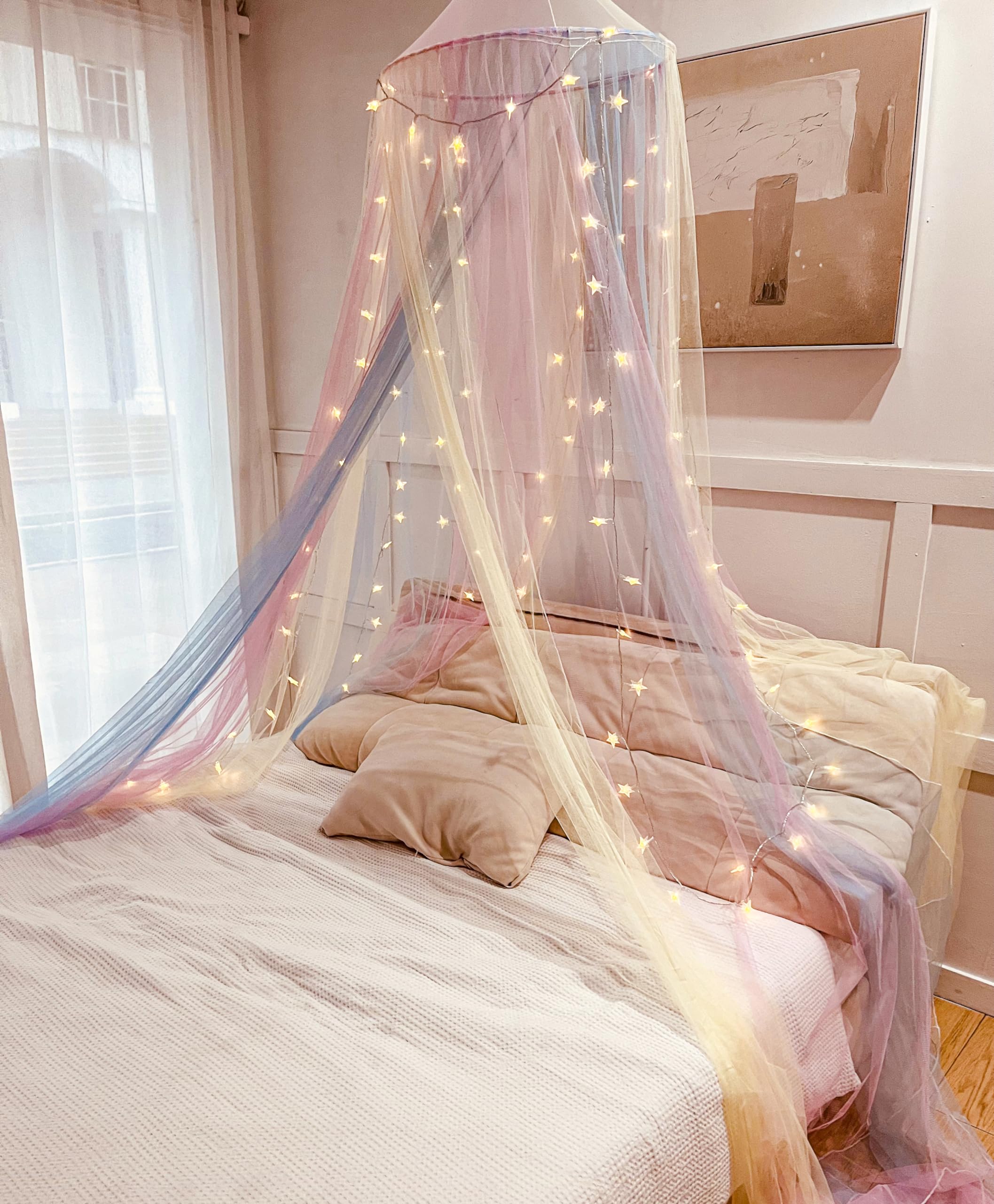 Mosquito Net Bed Canopy For Girls,Rainbow Canopy Bed Curtains Full Queen Size From Ceiling,Dome Mosquito Netting Bed Tent Twin G