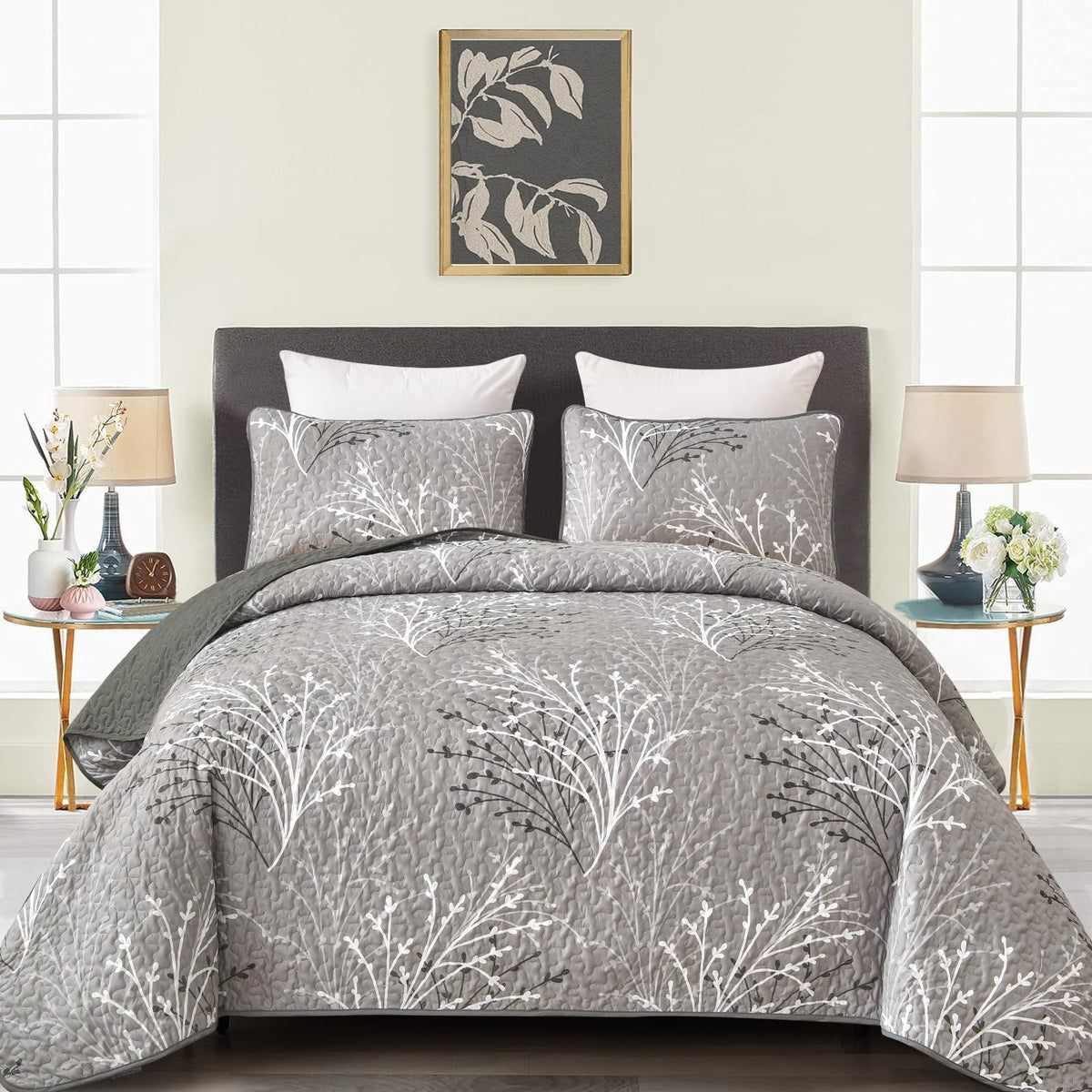 Djy Grey Quilt Set Queen Size - Branch Botanical Pattern Bedspread Coverlet Set, 3 Pieces Gray Floral Quilt Bedding Set, Soft Li