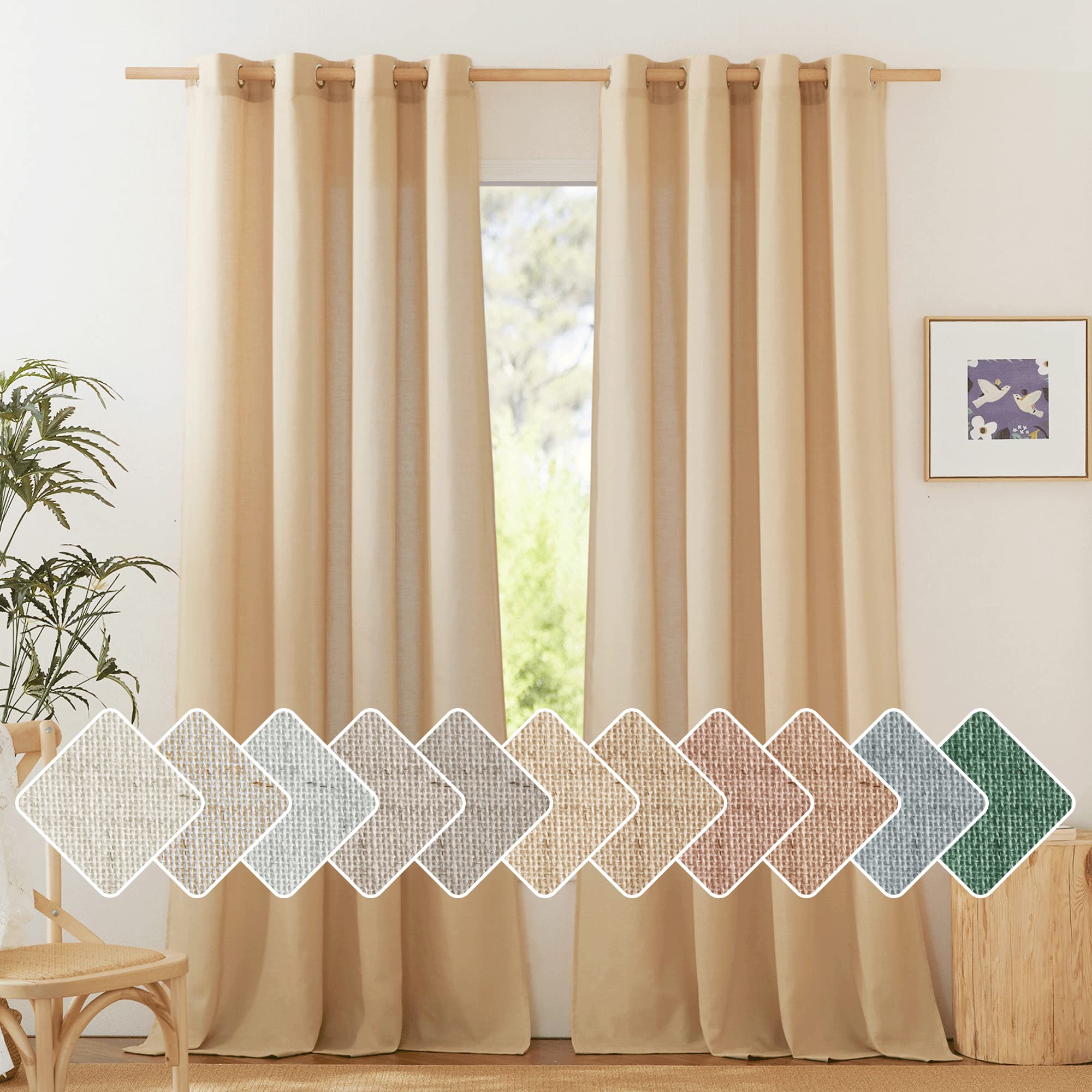 Nicetown Living Room Curtains 84 Inch Long Linen Blend, Grommet Privacy Added Thick Flax Semi Sheer Not See Through Window Curtains & Drapes For Bedroom/Farmhouse, Burlap, W55 X L84, 2 Panels