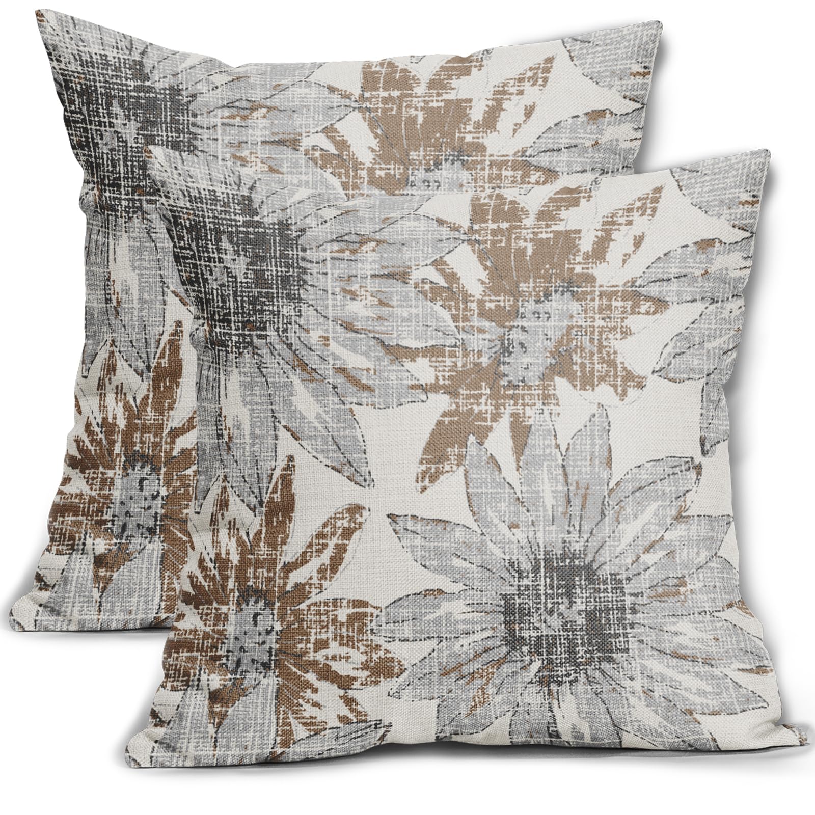 Sweetshow Brown Grey Gray Pillow Covers 18X18 Set Of 2 Retro Sunflower Flowers Print Decorative Throw Pillows Outdoor Modern Art