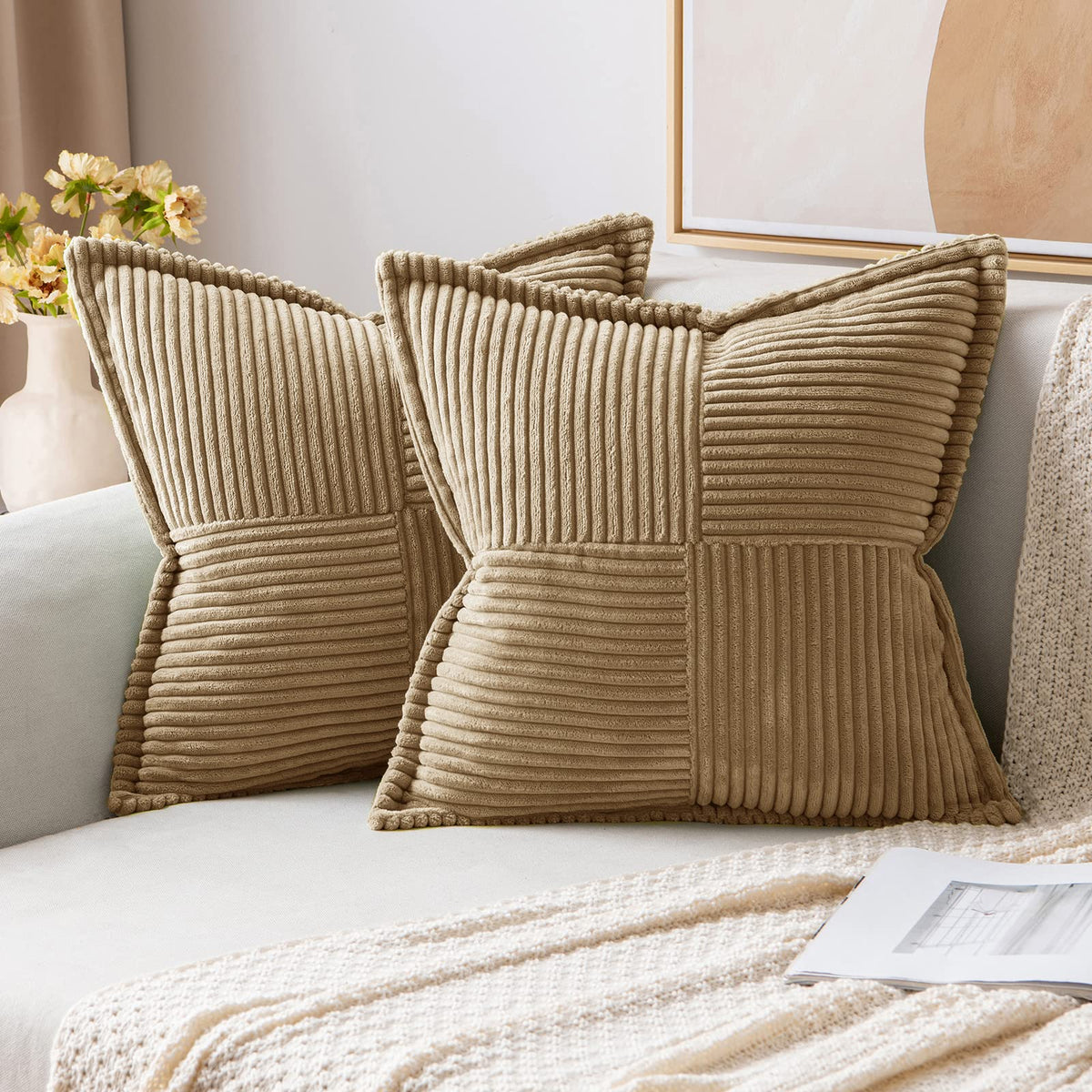 Miulee Khaki Corduroy Pillow Covers 24 X 24 Inch With Splicing Set Of 2 Super Soft Couch Pillow Covers Broadside Striped Decorat