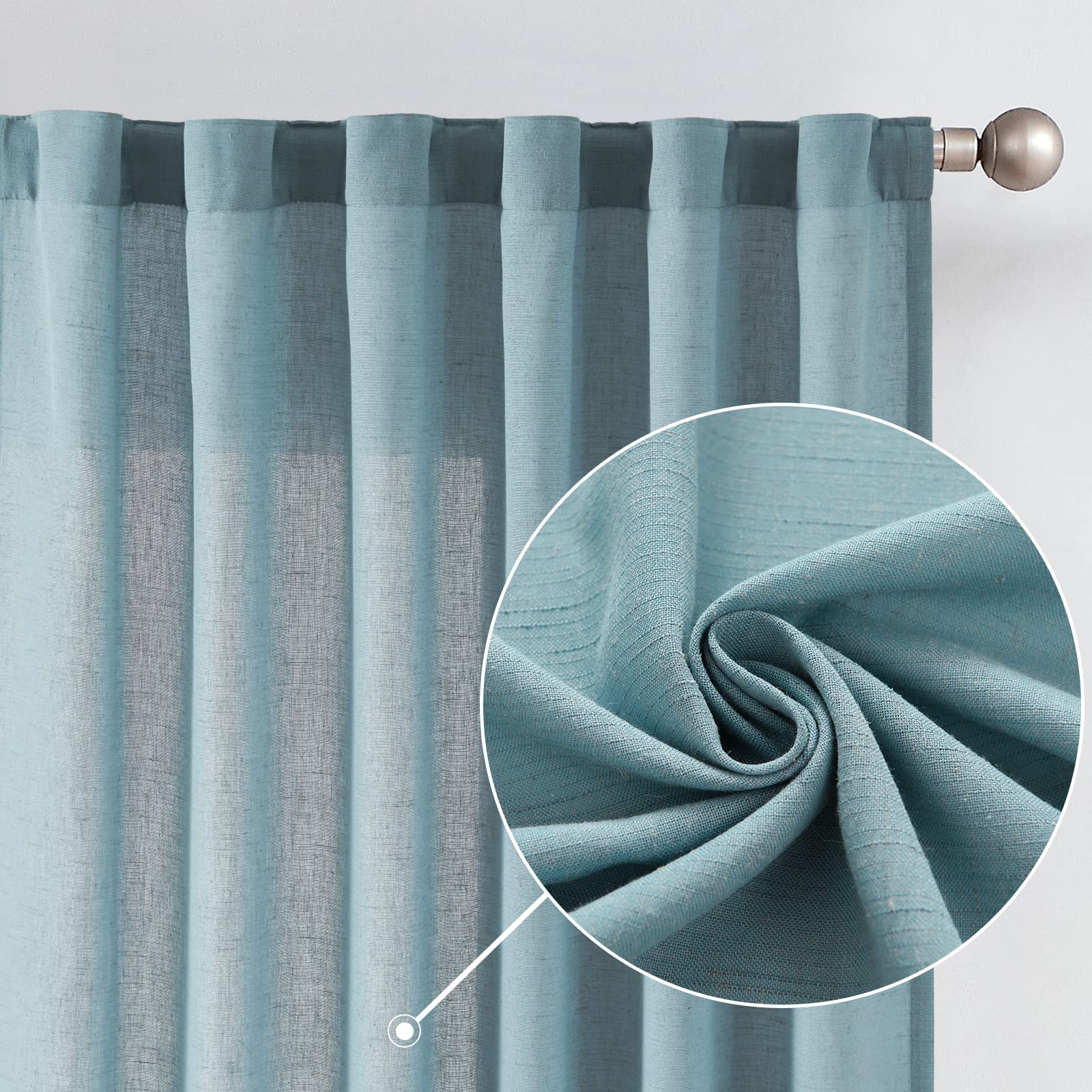 Jinchan Linen Blue Curtains 63 Inches Length For Living Room Farmhouse Rod Pocket Back Tab Light Filtering Window Drapes 2 Panels For Bedroom