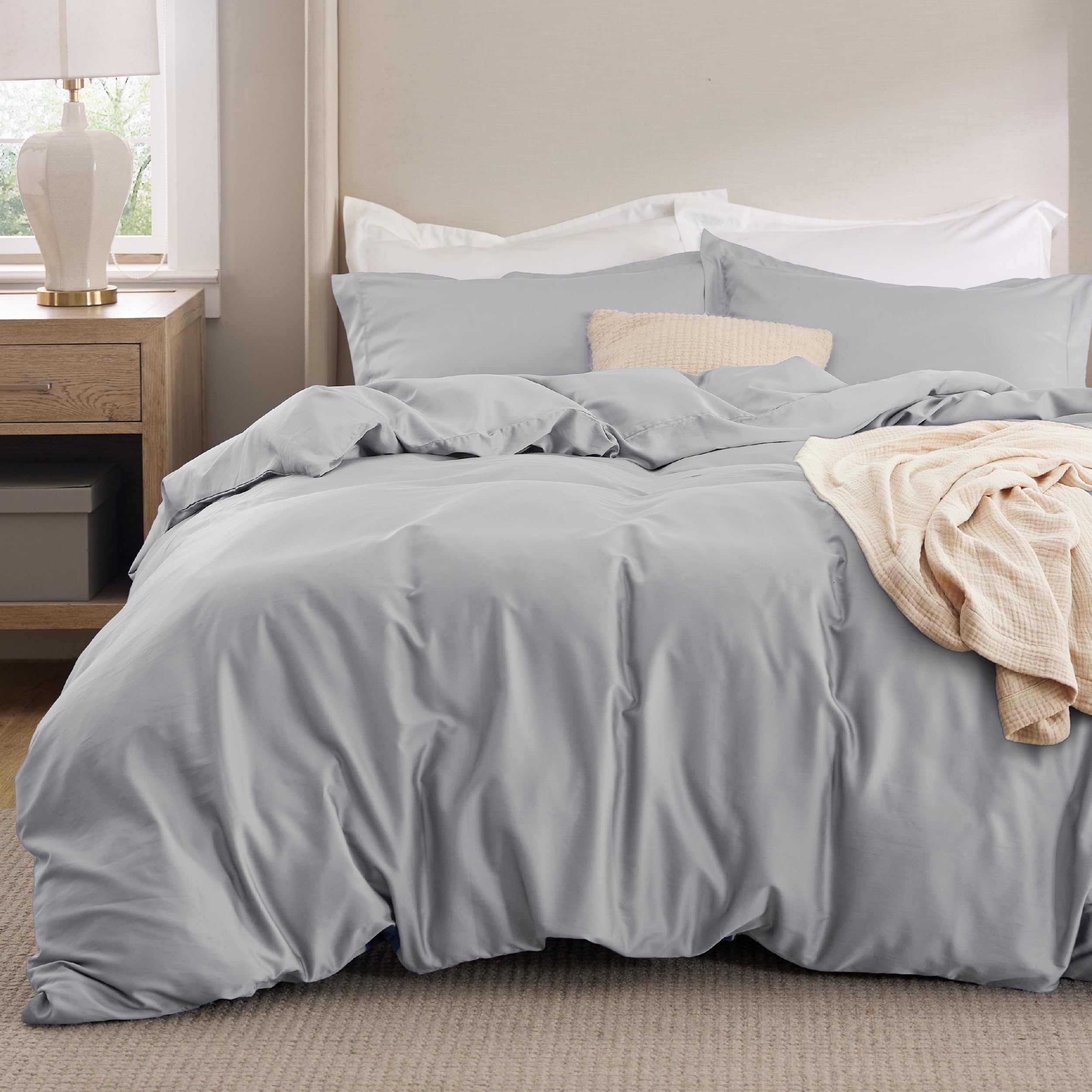 Bedsure Cooling Duvet Cover Queen - Moisture Wicking And Silky Eucalyptus Lyocell Cotton Hybrid Comforter Cover Set For Hot Sleeper - Buttery Soft And Breathable, Cooling Bedding Set, Silver Grey