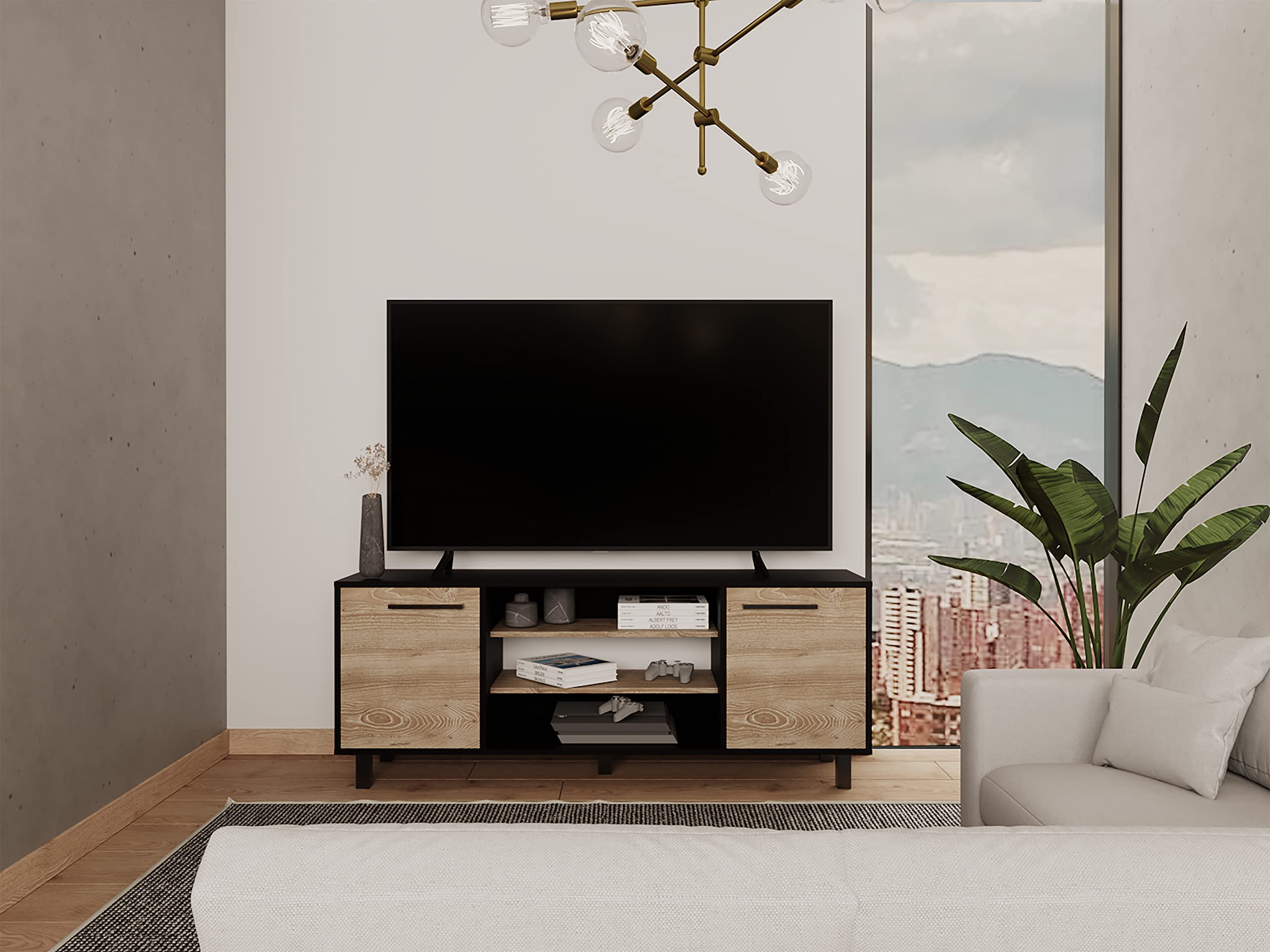 Egeo Tv Stand for TVs up 60&quot; with 2 Cabinets, 3 Shelves, and 5 Legs, Carbon Espresso/Pine