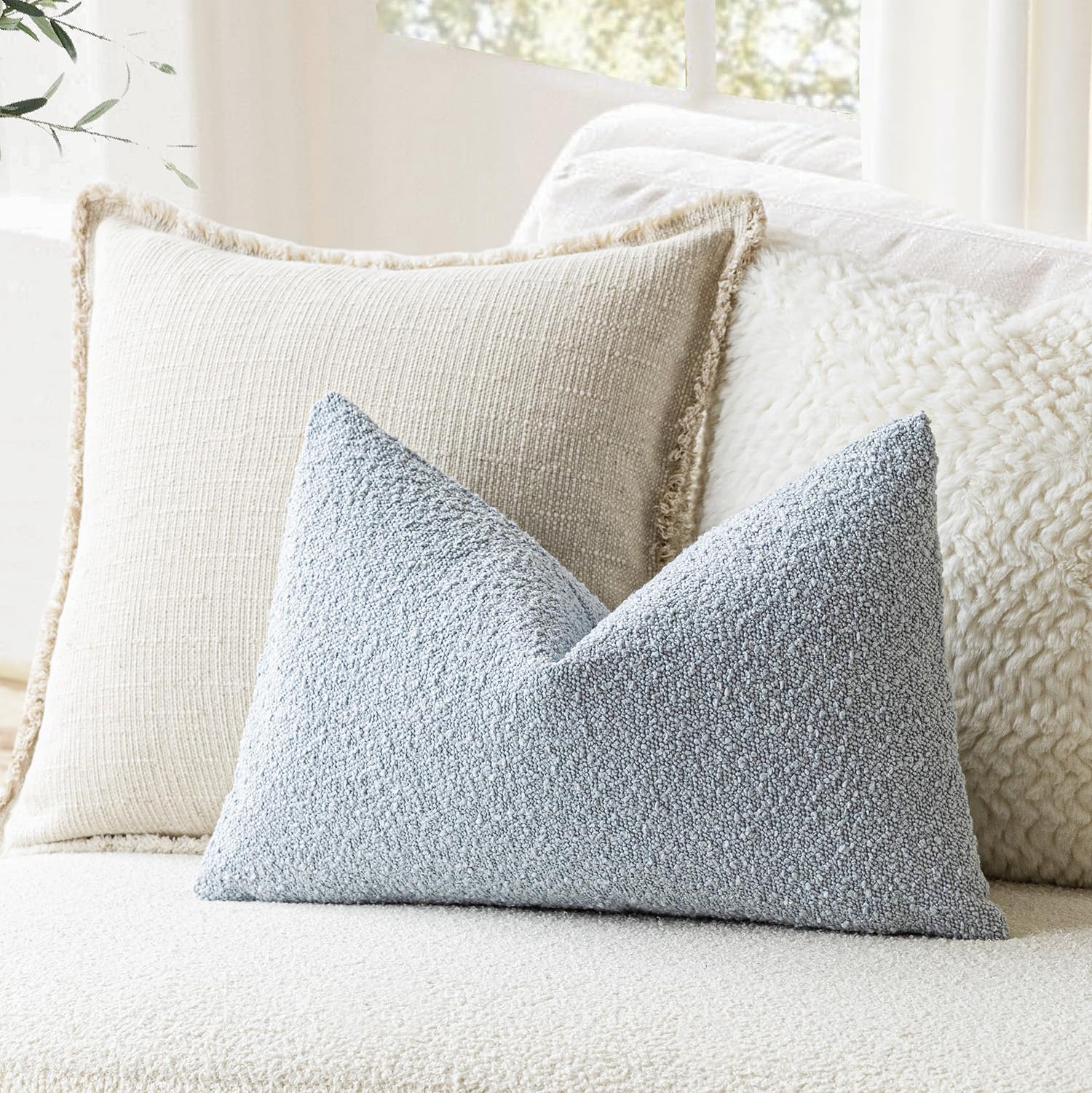 Foindtower Modern Textured Boucle Lumber Throw Pillow Covers Accent Solid Decorative Pillow Cases Cozy Couch Cushion Case For So