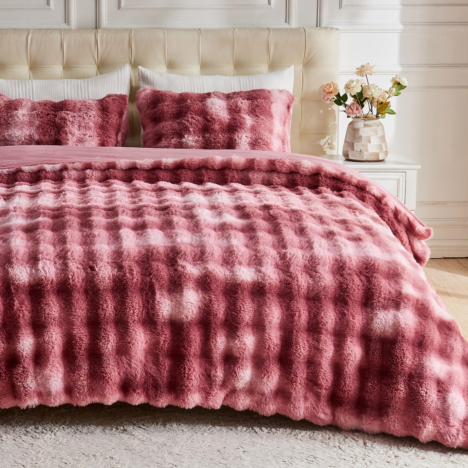 Lotus Karen Fluffy Comforter Cover Set-Rabbit Fluff Faux Fur Duvet Cover Queen Size,Tie-Dye Pink Plush Fuzzy Furry Bedding Sets