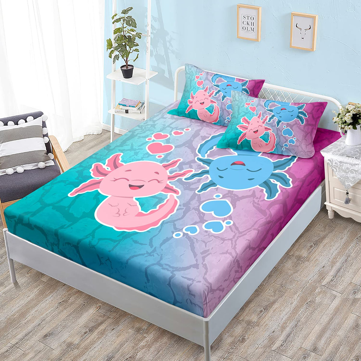 Hosima Axolotl Bedding Set Pink And Blue Axolotl Pattern Kawaii Twin Fitted Sheet Set For Kids Bedroom Decor,1 Fitted Sheet+2 Pi