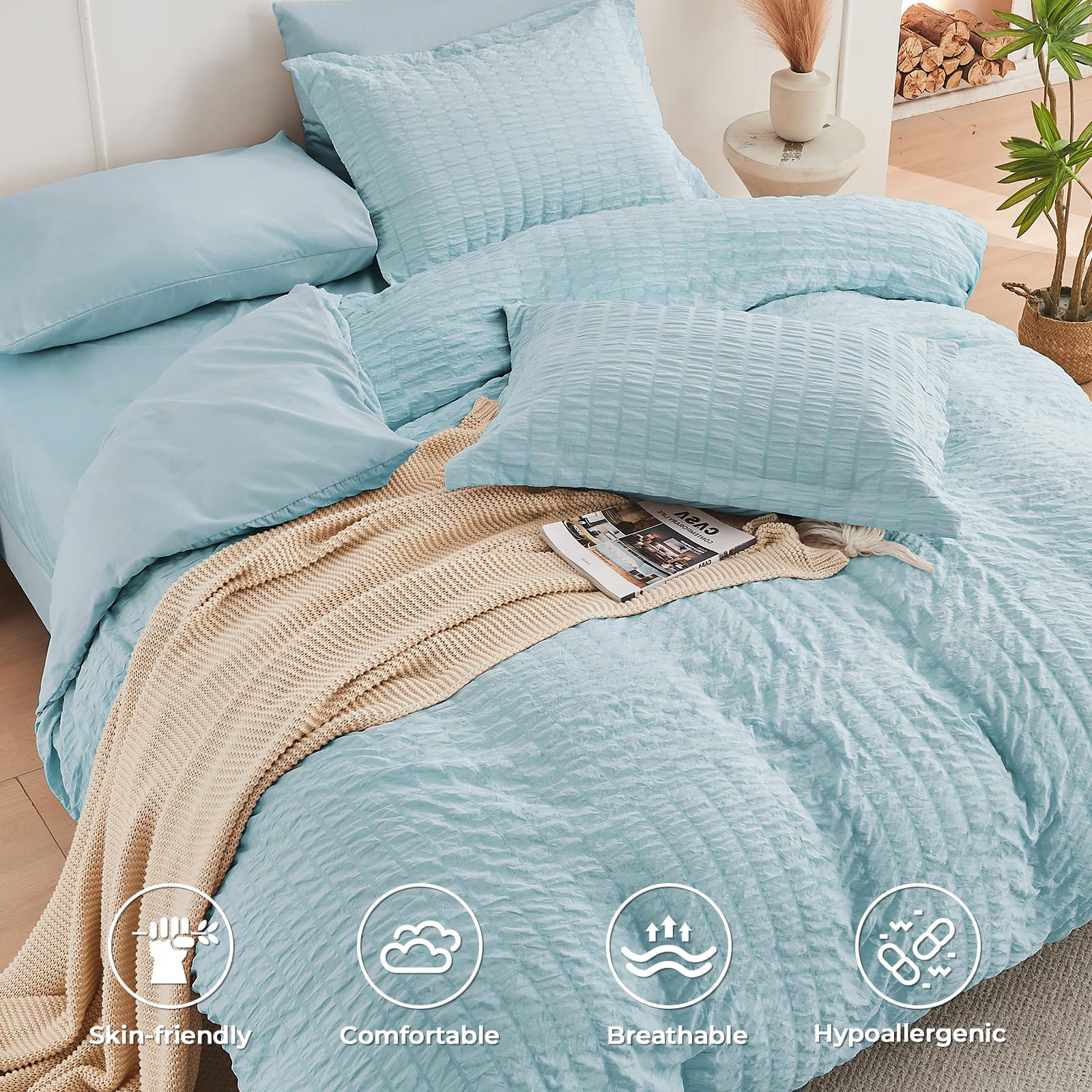 Hymokege Lake Blue Queen Comforter Set Seersucker 7 Pieces, All Season Luxury Bed In A Bag For Bedroom, Bedding Set With Comfort