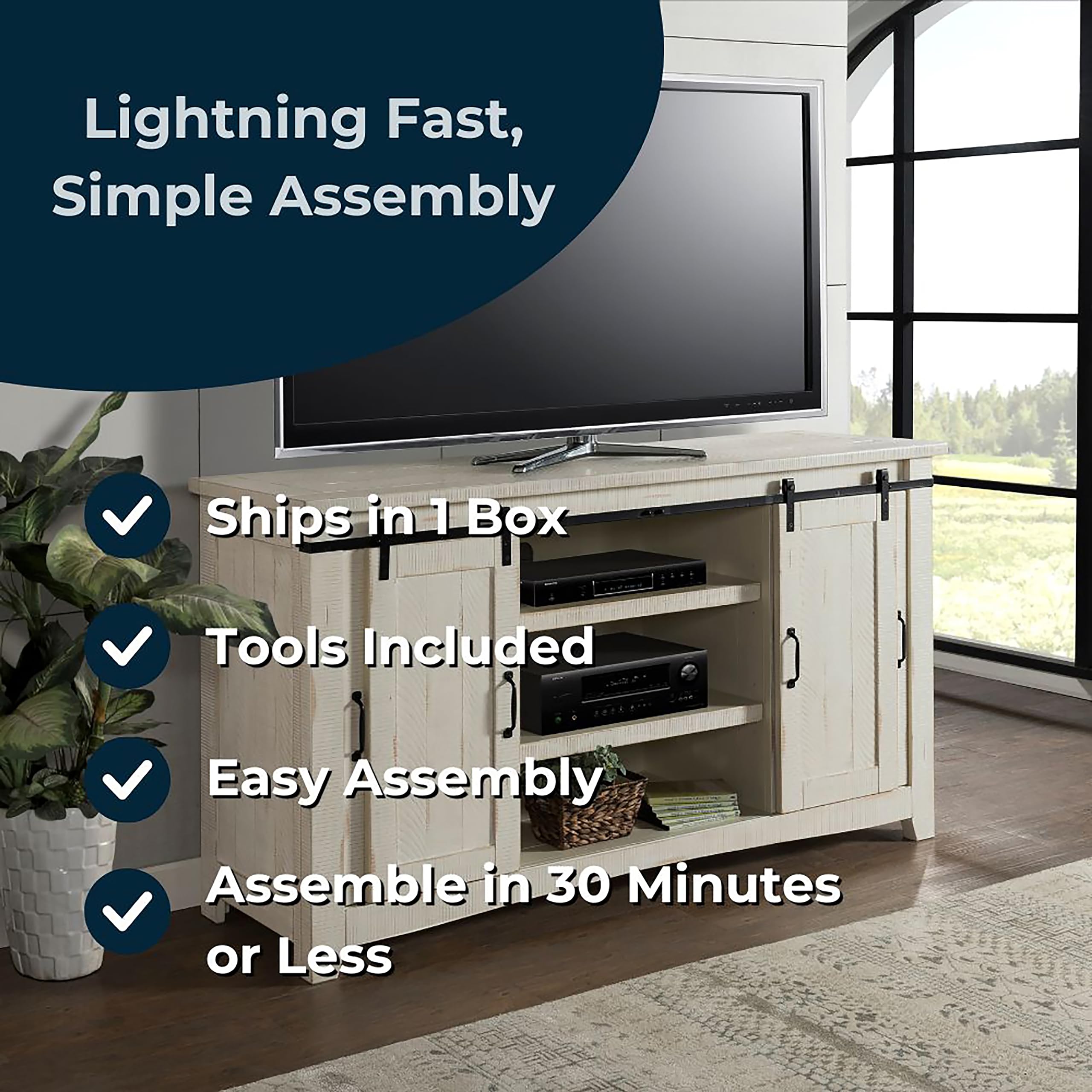 Martin Svensson Home Rustic 65” Solid Wood Tv Stand With Storage, All Antique White