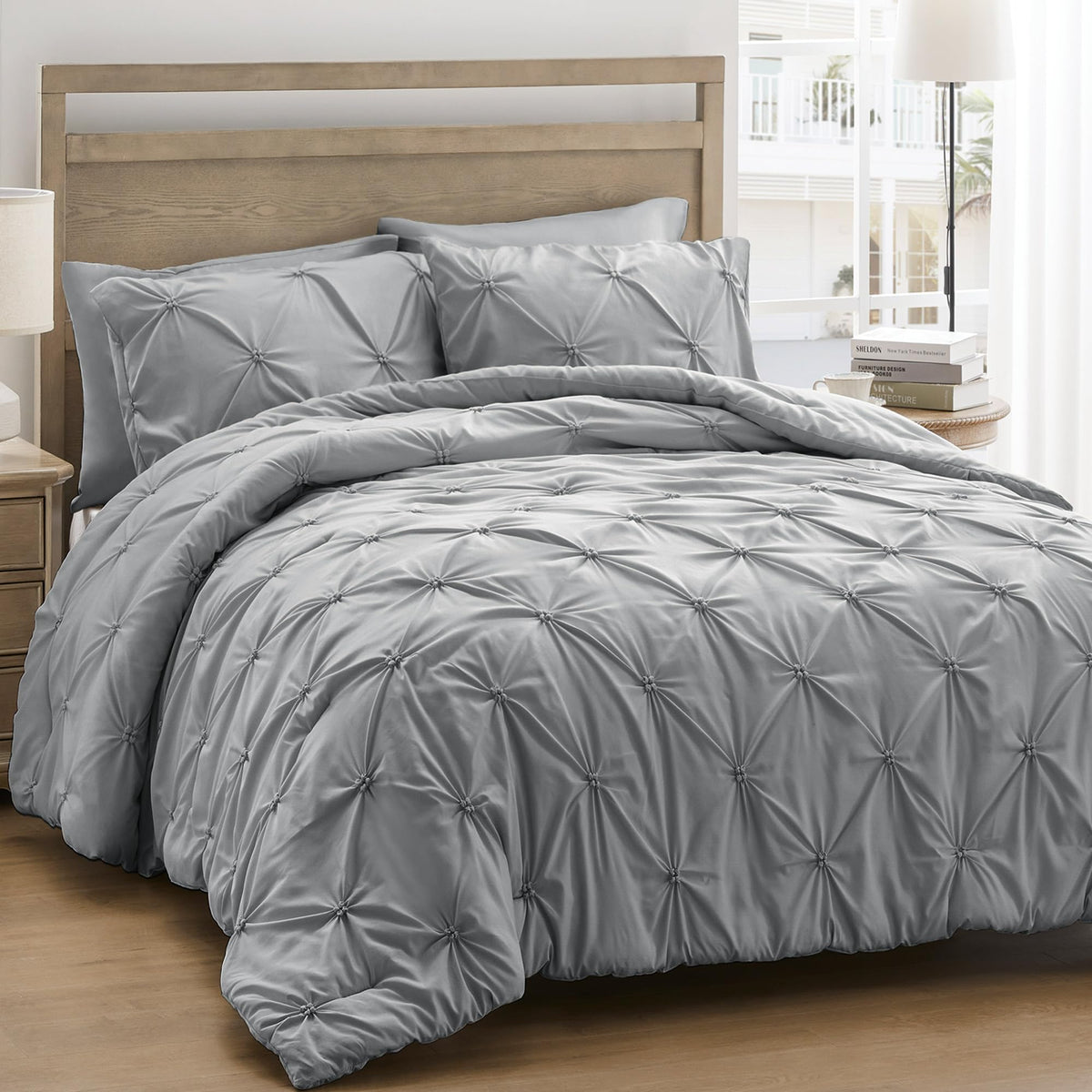 Unikome King Size Comforter Set Gray - Soft Fluffy Pintuck Down Alternative Bedding Set For All Seasons, 3 Pieces Pinch Pleat So