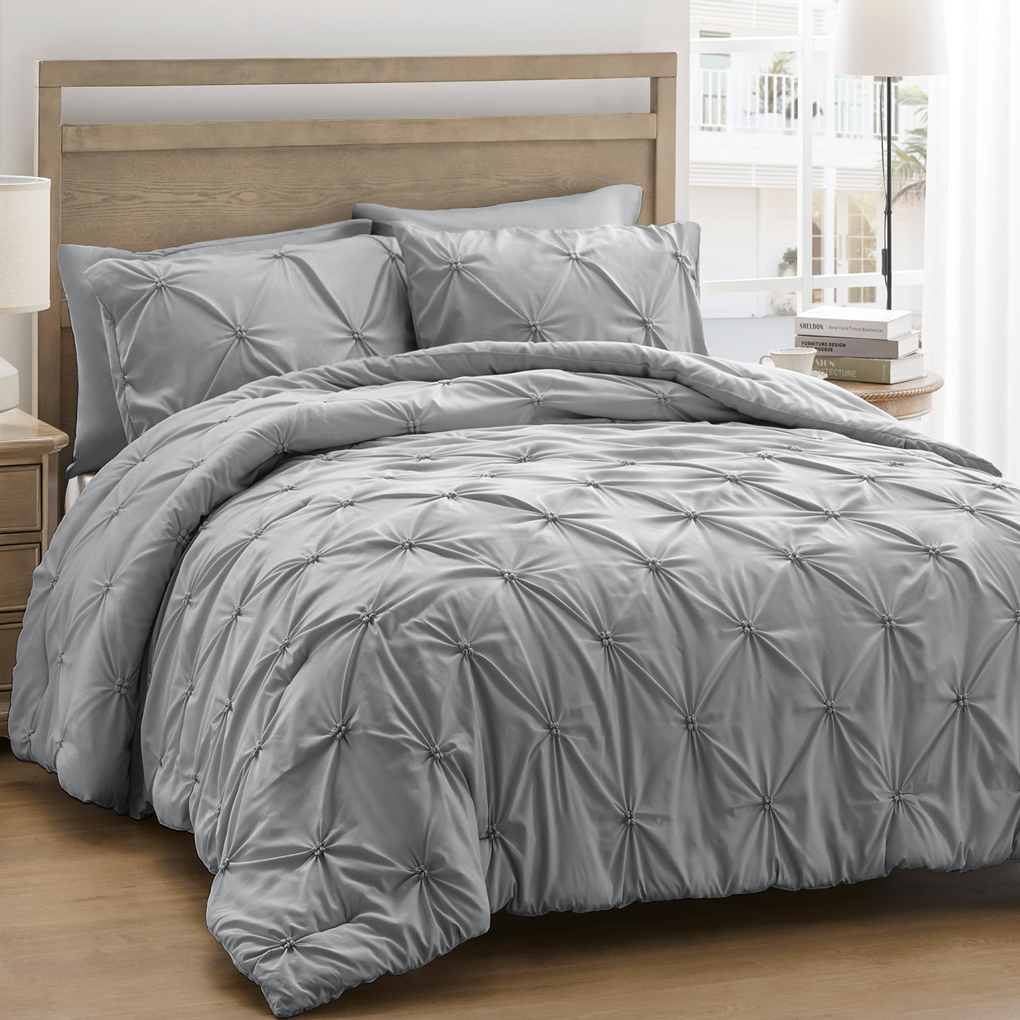 Unikome Queen Comforter Set Gray - Soft Fluffy Pintuck Down Alternative Bedding Set For All Seasons, 3 Pieces Pinch Pleat Solid