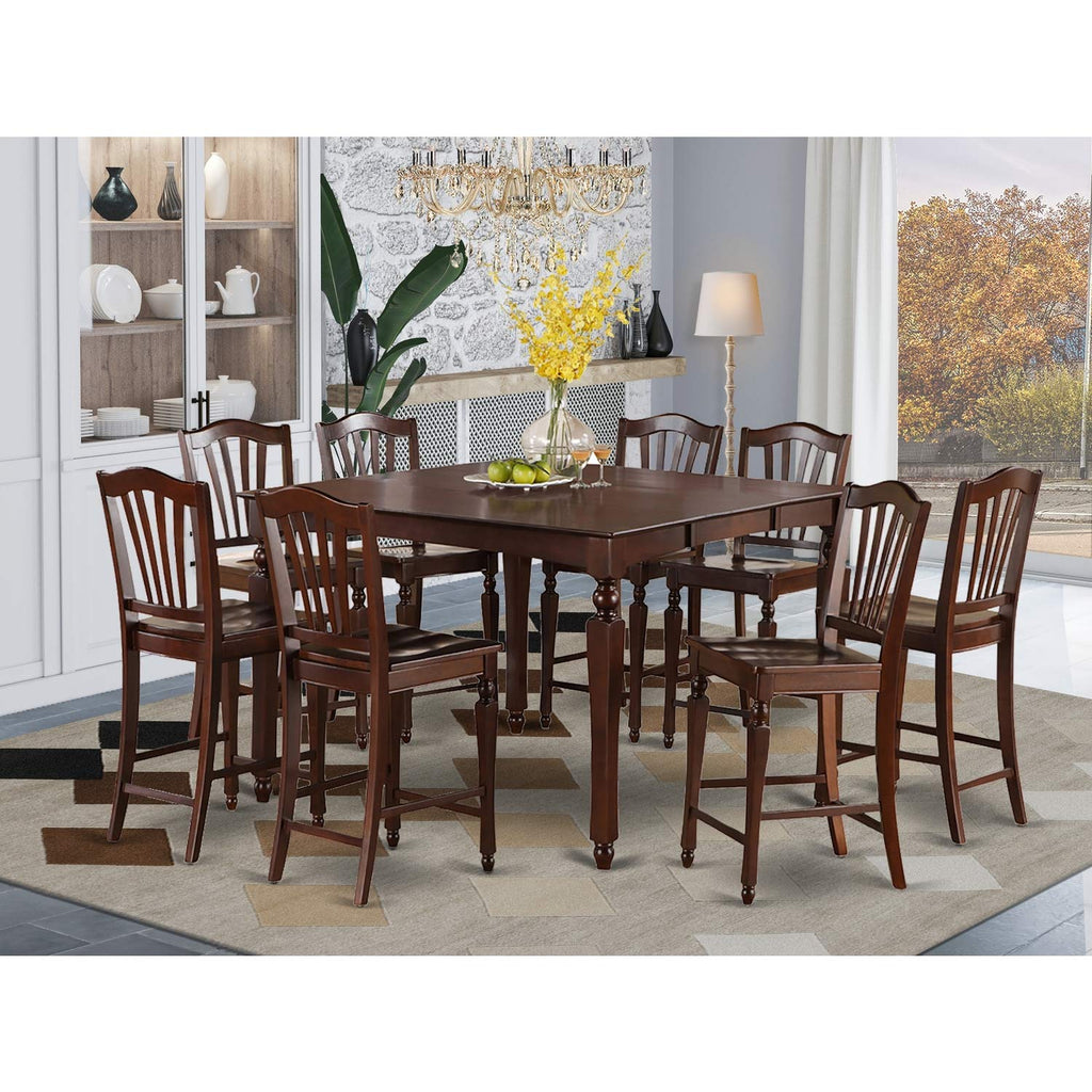 East West Furniture CHEL9-MAH-W 9 Piece Counter Height Dining Table Set Includes a Square Kitchen Table with Butterfly Leaf and 8 Dining Chairs, 54x54 Inch, Mahogany