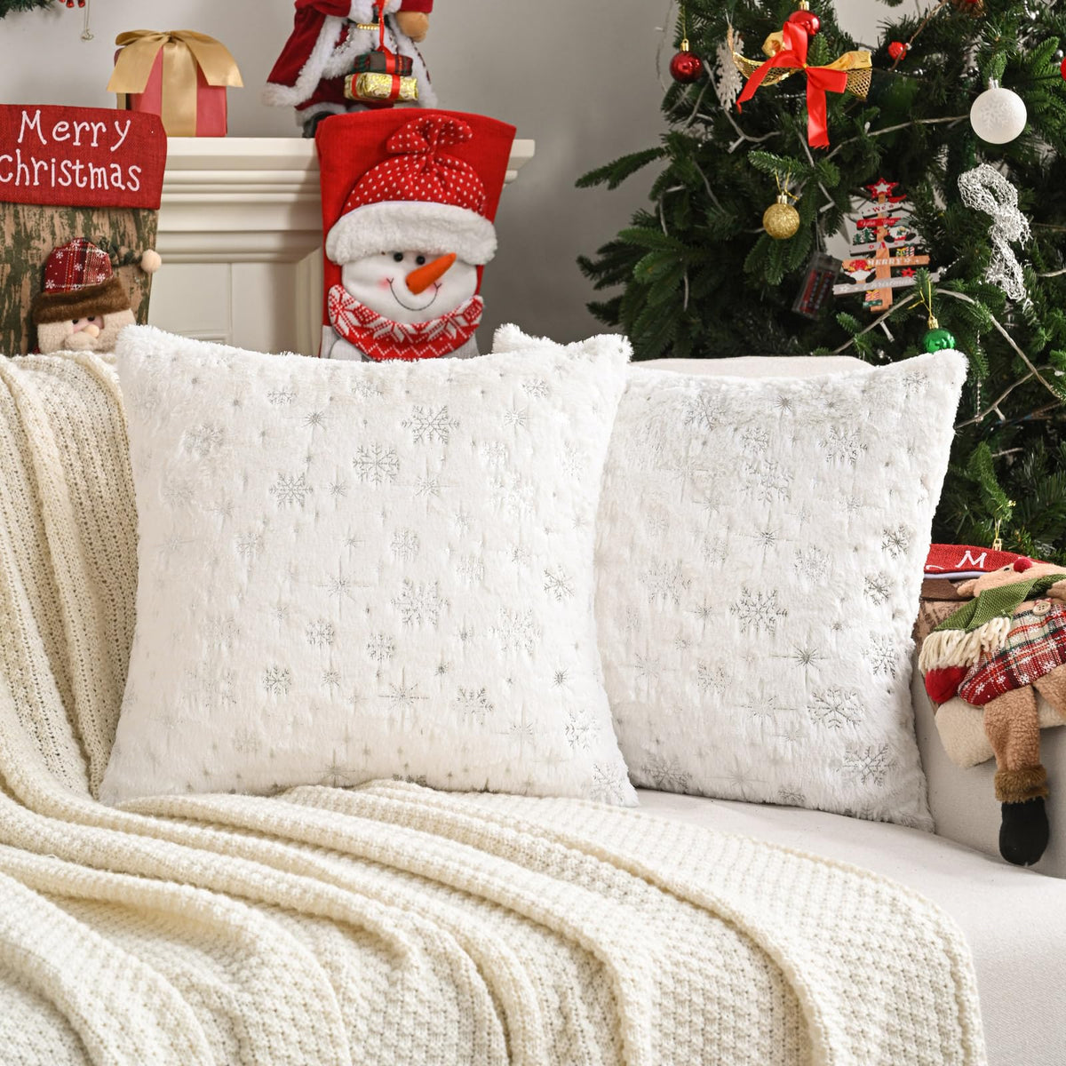 Futei Christmas Snowflakes White Throw Pillow Covers 18X18 Inch Set Of 2,Soft Decorative Cushion Cases,Home Decor For Couch Bed