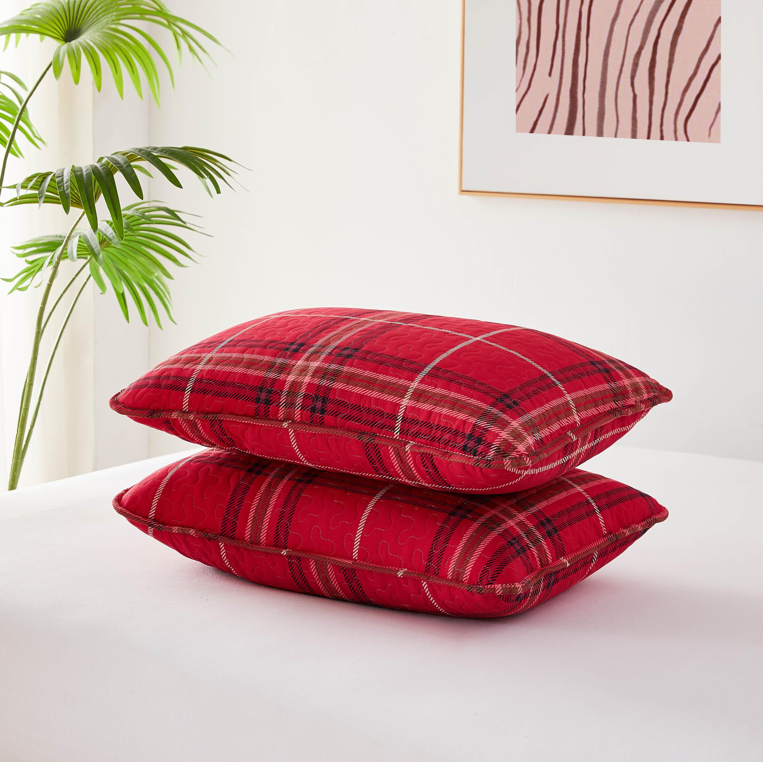 Southshore Fine Living, Inc. King Size Pillow Covers Set Of 2, Large 20'X36' Decorative Plaid Red King Pillow Shams, Luxury Qu