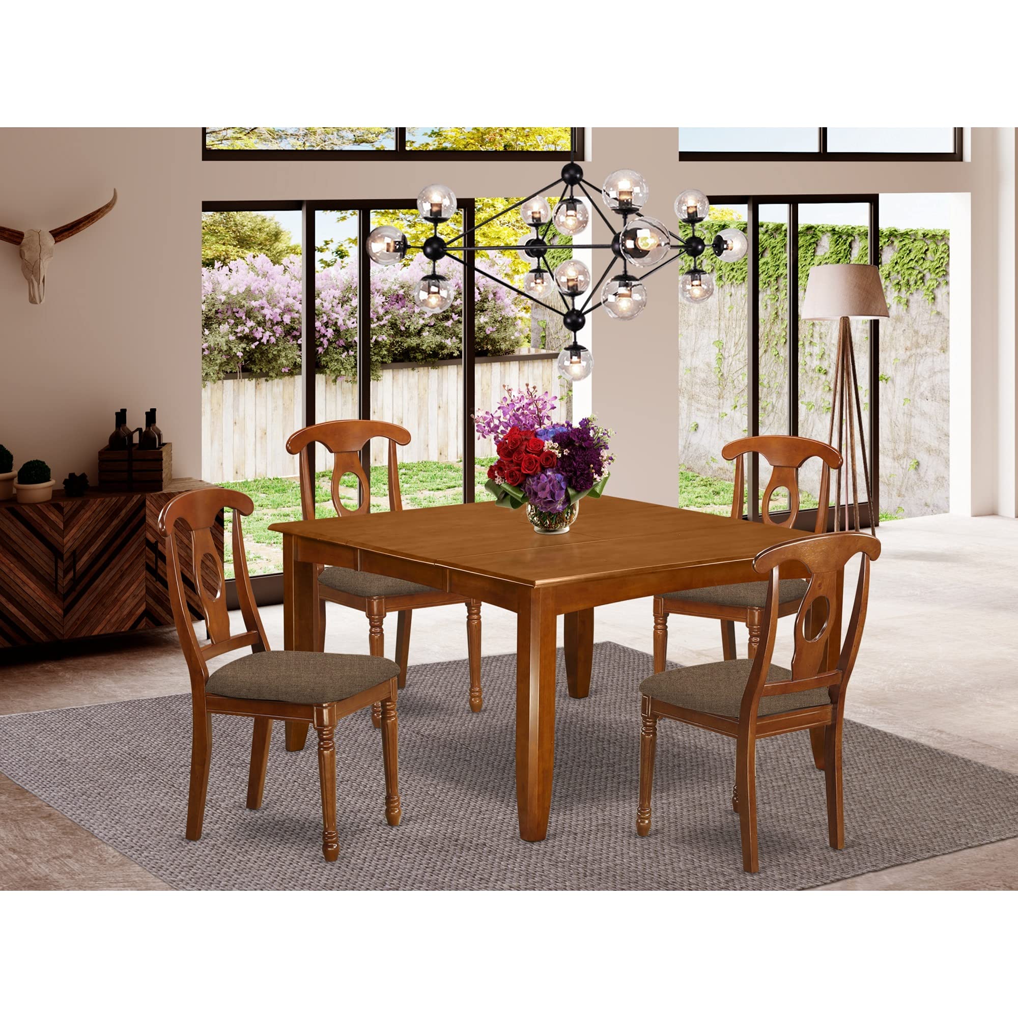 East West Furniture PFNA5-SBR-C 5 Piece Dining Room Furniture Set Includes a Square Kitchen Table with Butterfly Leaf and 4 Linen Fabric Upholstered Chairs, 54x54 Inch, Saddle Brown
