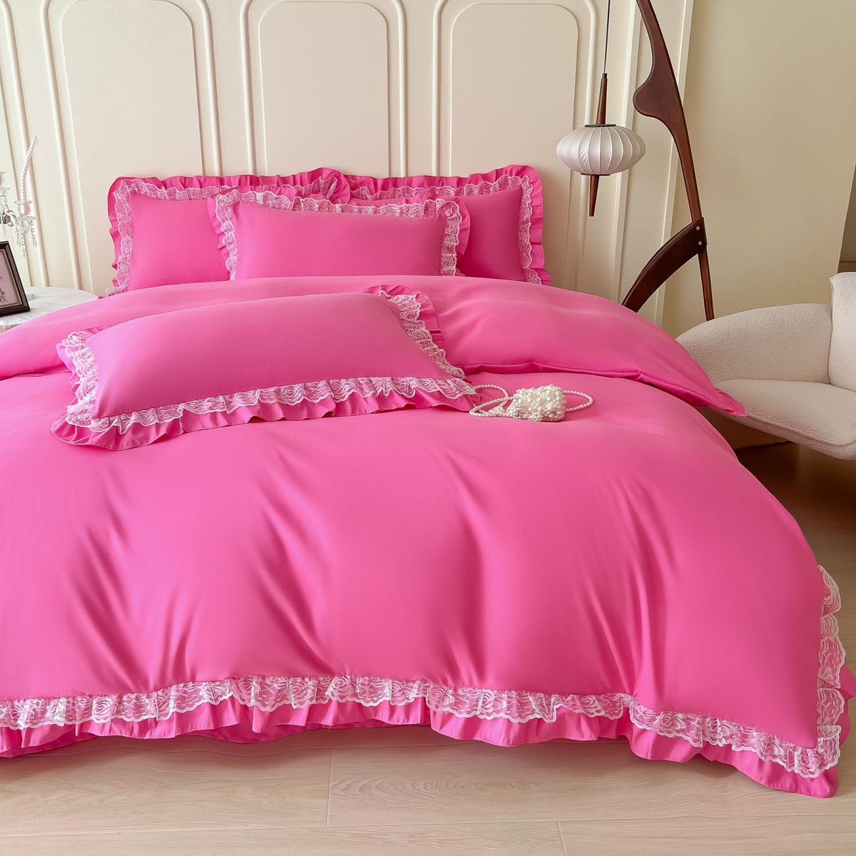 MOOWOO Chic Ruffle Lace Polyester Duvet Cover Set -Girl Pink Bedding-2 Piece Twin Duvet Cover with Zipper Closure -Ultra Soft an