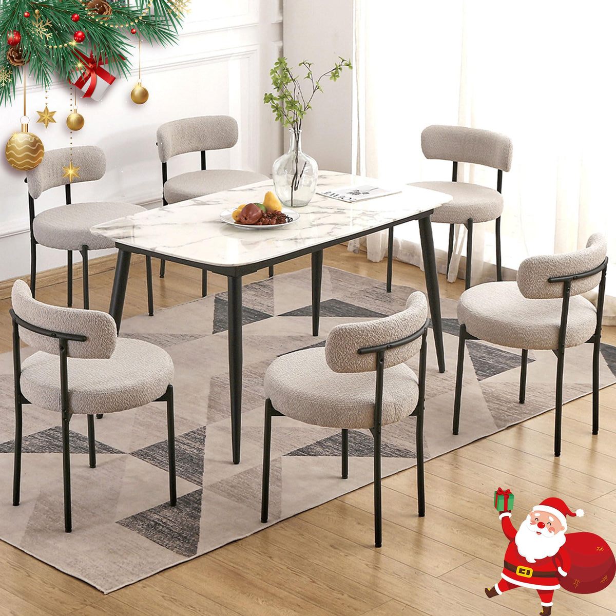 Edwell Grey Dining Chairs Set Of 6, Mid Century Modern Dining Room Chairs With 3.94    Cushions, Round Upholstered Boucle Chairs