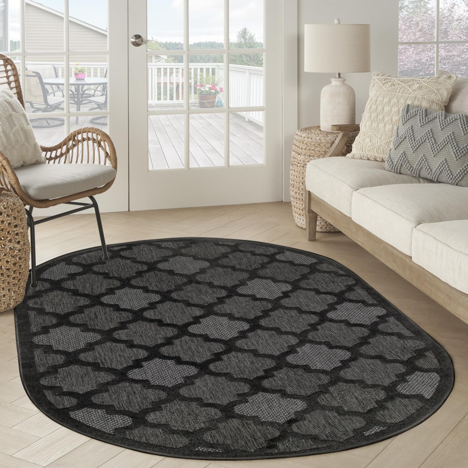 Nourison Easy Care Indoor/Outdoor Charcoal Black 6' X 9' Oval Area Rug, Easy Cleaning, Non Shedding, Bed Room, Living Room, Dining Room, Backyard, Deck, Patio (6X9)