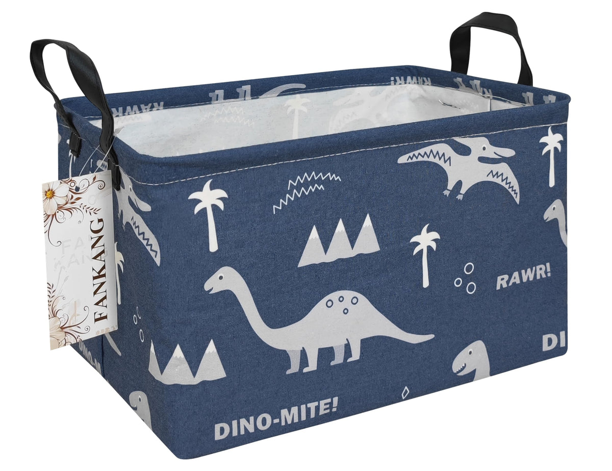 Fankang Storage Bins, Nursery Hamper Canvas Laundry Basket Foldable With Waterproof Pe Coating Large Storage Baskets For Kids Boys And Girls, Office, Bedroom, Clothes,Toys(Rec-Blue Dinosaur