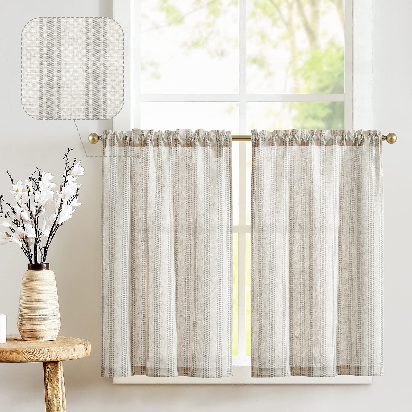 Jinchan Linen Kitchen Curtains Gray Striped Tier Curtains 36 Inch Cafe Curtains Farmhouse Small Curtains Balanced Stripe Half Window Curtain Light Filtering For Bathroom Laundry 2 Panels Grey On Beige