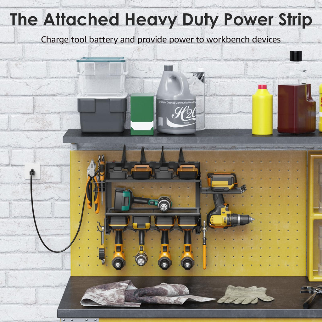 Cccei Modular Power Tool Organizer Wall Mount Charging Station, Black 6 Drills Holder With 8 Plug Power Strip 10Ft, Garage Drill Battery Heavy Duty Metal Shelf, Utility Rack With Hooks, Side Storage.