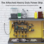 Cccei Modular Power Tool Organizer Wall Mount Charging Station, Black 6 Drills Holder With 8 Plug Power Strip 10Ft, Garage Drill Battery Heavy Duty Metal Shelf, Utility Rack With Hooks, Side Storage.