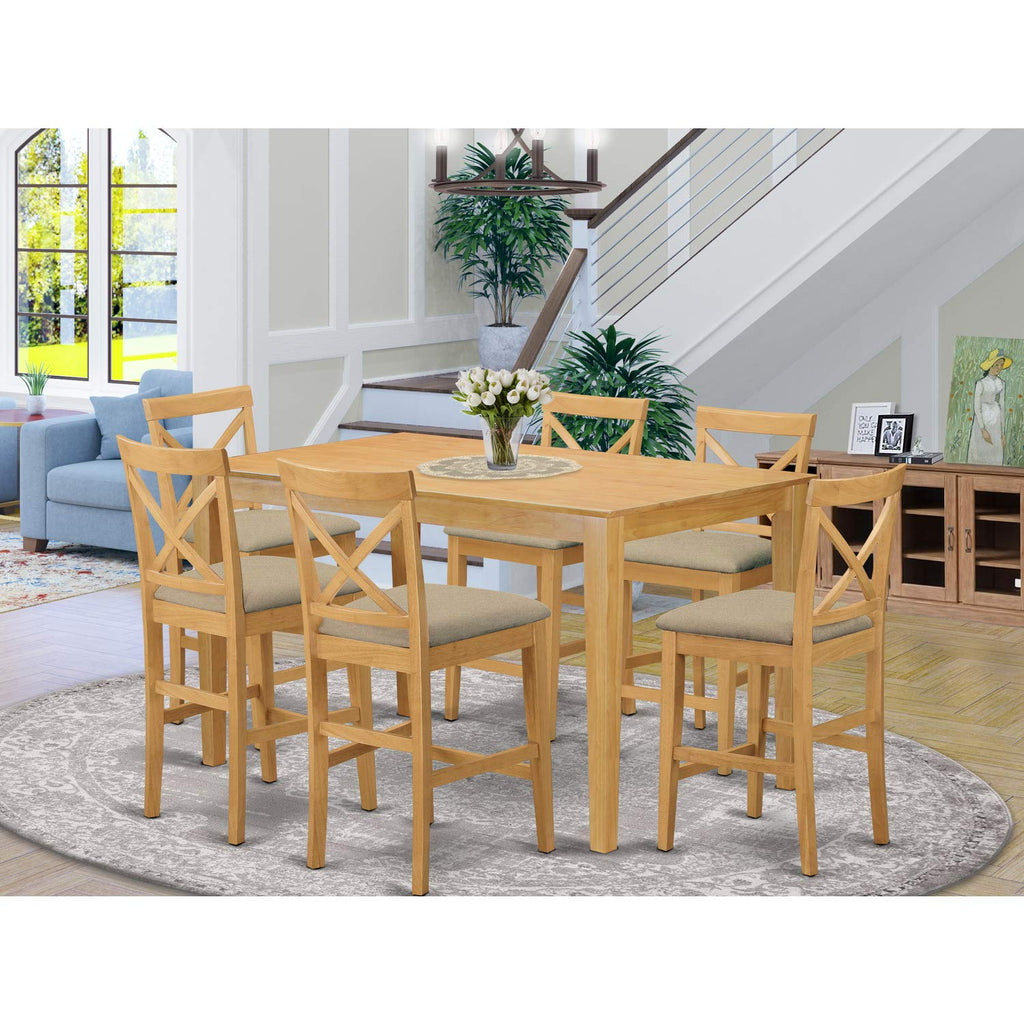 East West Furniture CAPB7H-OAK-C 7 Piece Counter Height Pub Set Consist of a Rectangle Dining Table and 6 Linen Fabric Dining Room Chairs, 36x60 Inch, Oak