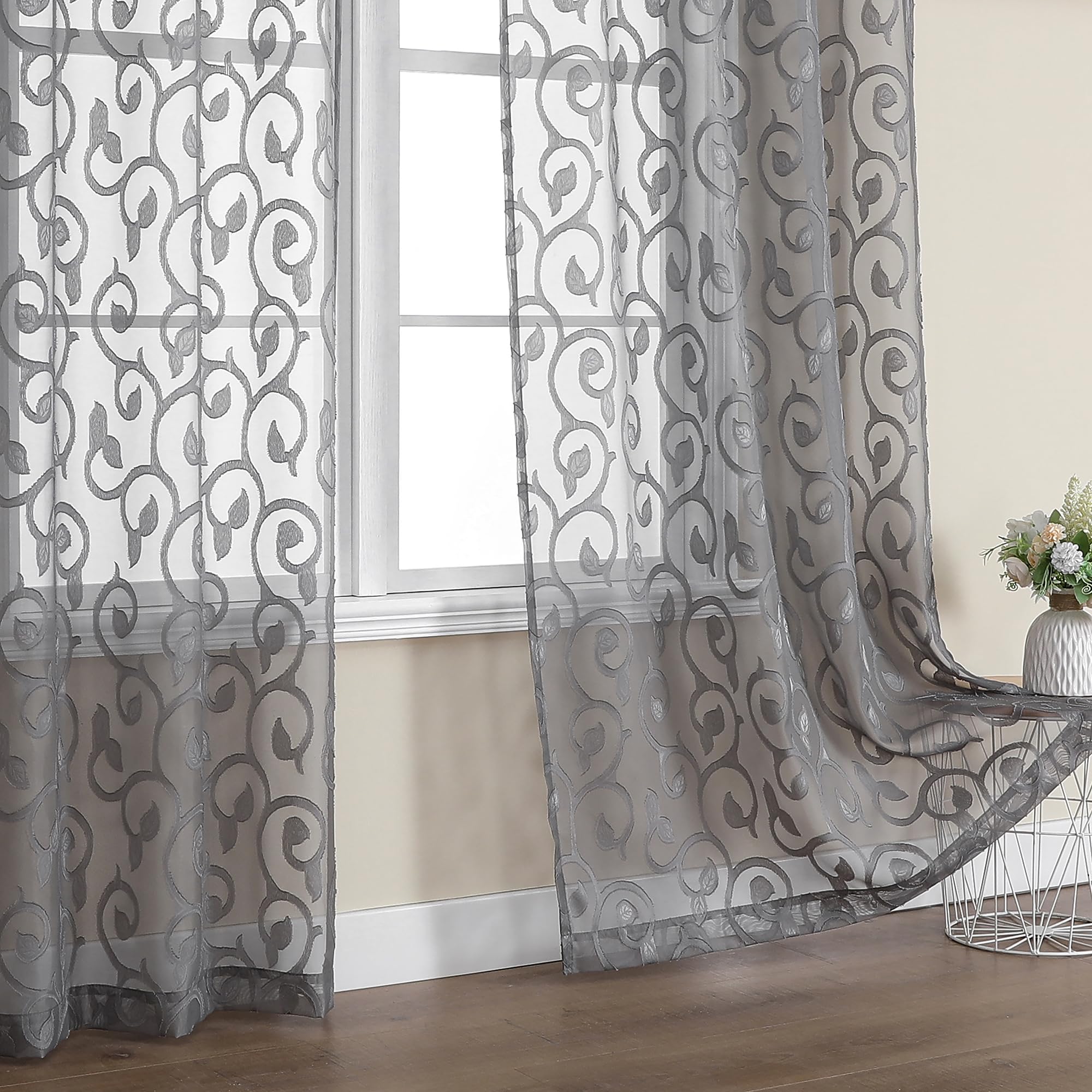 Owenie Furman Grey Sheer Curtains 72 Inches Long 2 Panels Set, Light Filtering Top Rod Pocket Semi Sheer Curtains For Door Panel