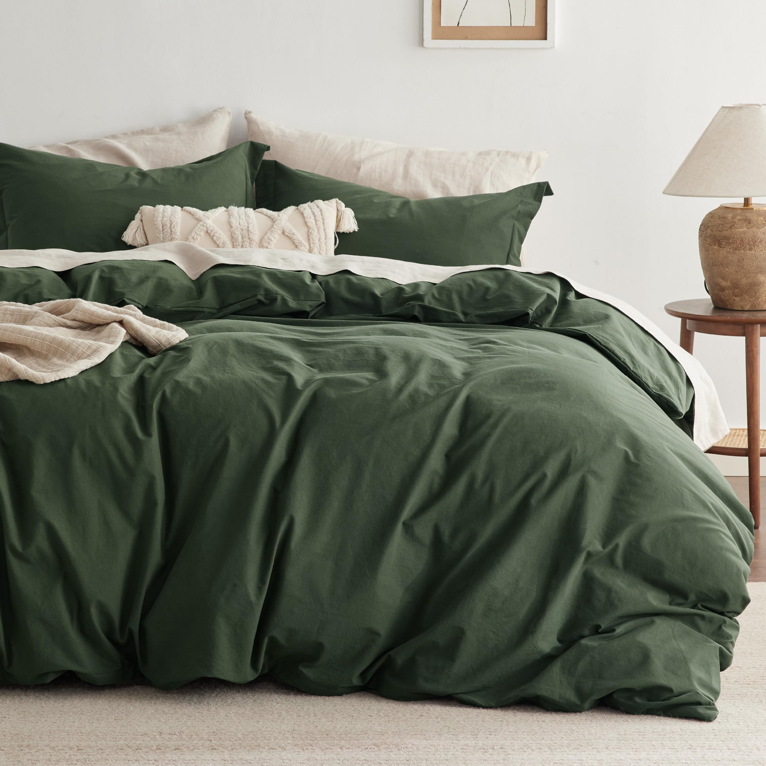 Bedsure 100% Washed Cotton Duvet Cover Queen - Olive Green Minimalist Cotton Duvet Cover Linen Like - 3 Pieces Gentlesoft™ Plain Simple Bedding Set With 2 Pillow Shams (Olive Green, Queen, 90'X90')