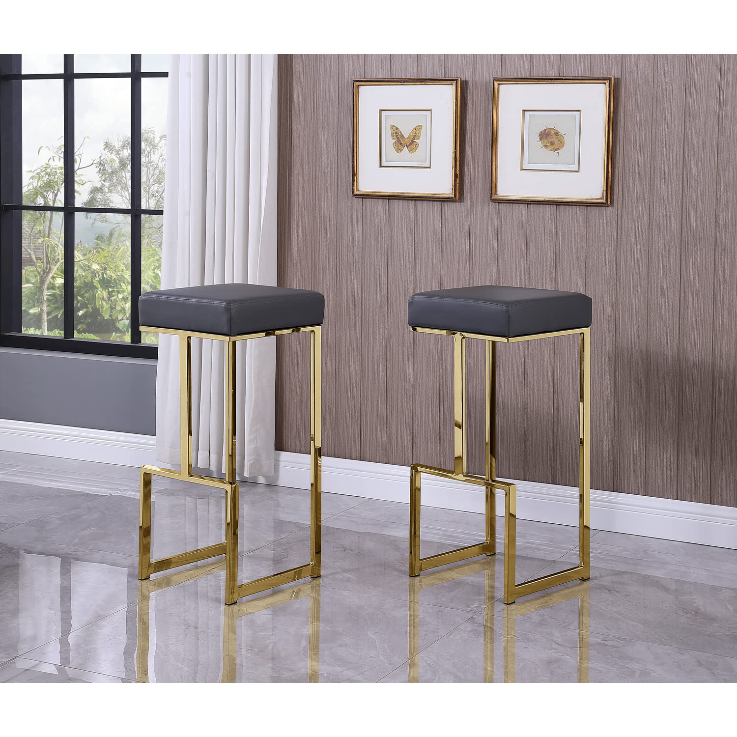 Best Master Furniture Dorrington Faux Leather Backless Bar Stool in Gray/Gold (Set of 2)