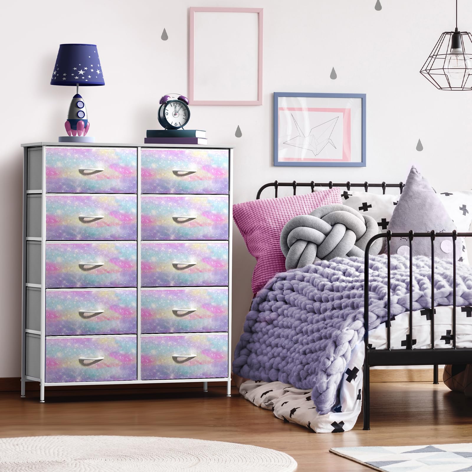 Sorbus Kids Dresser With 10 Drawers - Storage Chest Organizer Unit Nightstand - Steel Frame, Wood Top, Tie-Dye Fabric Bins For Clothes - Wide Furniture For Bedroom, Hallway, Nursery, Closet, Apartment
