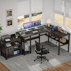 Unikito Reversible L Shaped Desk With Magic Power Outlets And Usb Charging Ports, Sturdy Corner Computer Desk With Storage Shelves, Gaming Desk For Home Office, Easy To Assemble, Black Oak