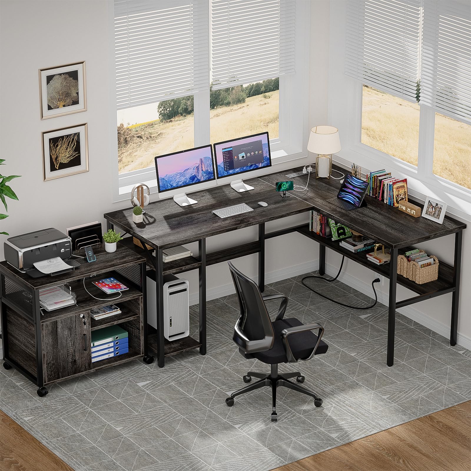 Unikito Reversible L Shaped Desk With Magic Power Outlets And Usb Charging Ports, Sturdy Corner Computer Desk With Storage Shelves, Gaming Desk For Home Office, Easy To Assemble, Black Oak