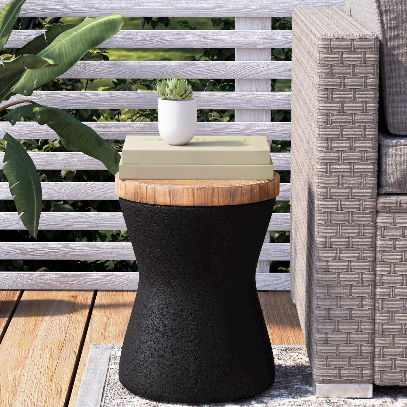COSIEST Outdoor End Table, Drum Side Table Faux-Wood Top, Black Base with Tree Trunk Slice Hand Painted, Accent Stool, Plant Sta