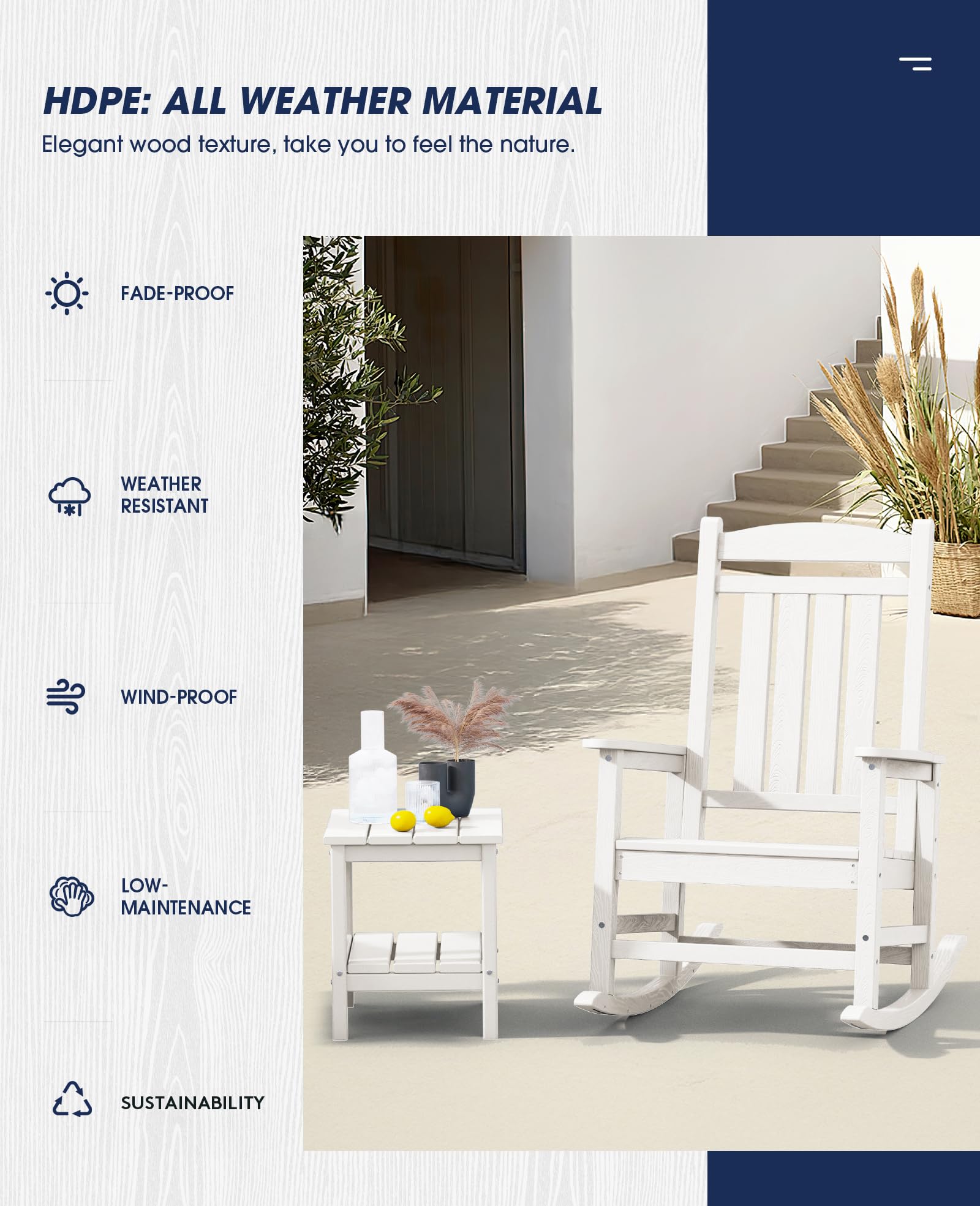 Kingyes Oversized Patio Rocking Chair Set Of 2, High Density Polyethylene Outdoor Rocking Chairs With 350Lbs Support For Adults, Light White