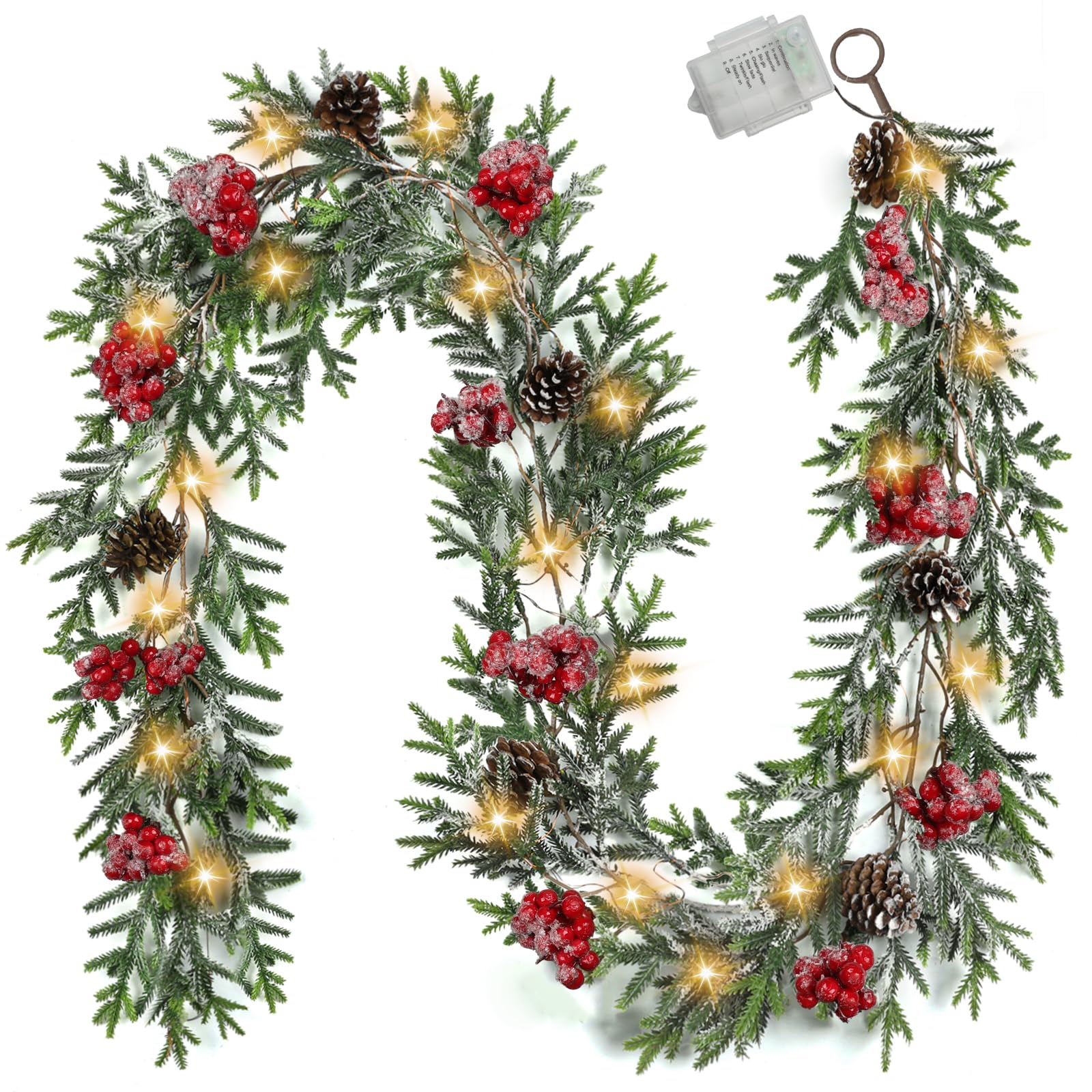 6FT Christmas Garland with Lights, Christmas Decor Pre-lit Artificial Pine Garland with Battery Operated Timer, Decorations Indo