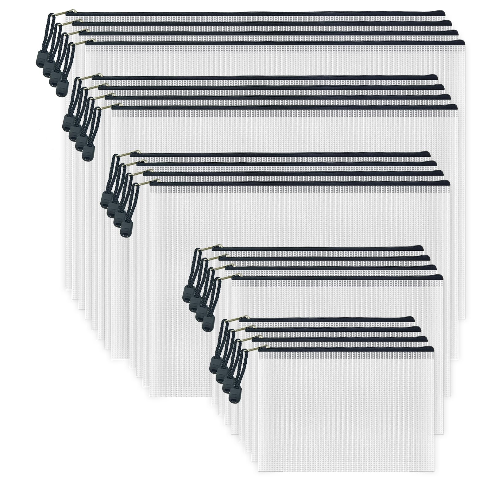 Austark 20 Pcs Zipper File Bags, Plastic Mesh Pouch, Board Game Storage Bag, Waterproof Bags For Office School (Multi-Size, Whit