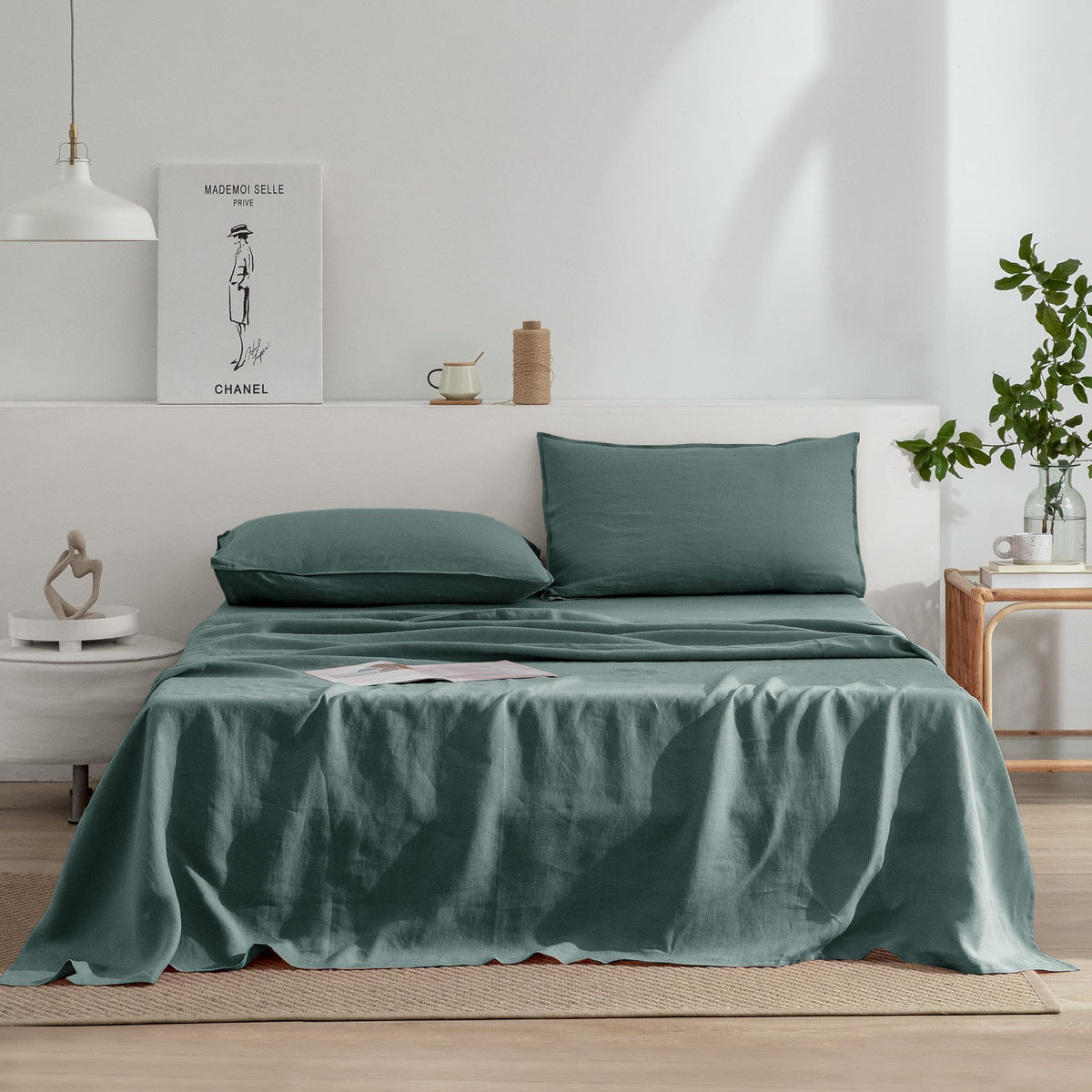 Everly Linen Sheets Queen Size,100% Stonewashed Pure French Linen Sheets 16Inch Deep Pocket Sheets,3Pieces (1Flat Sheet,1Fitted