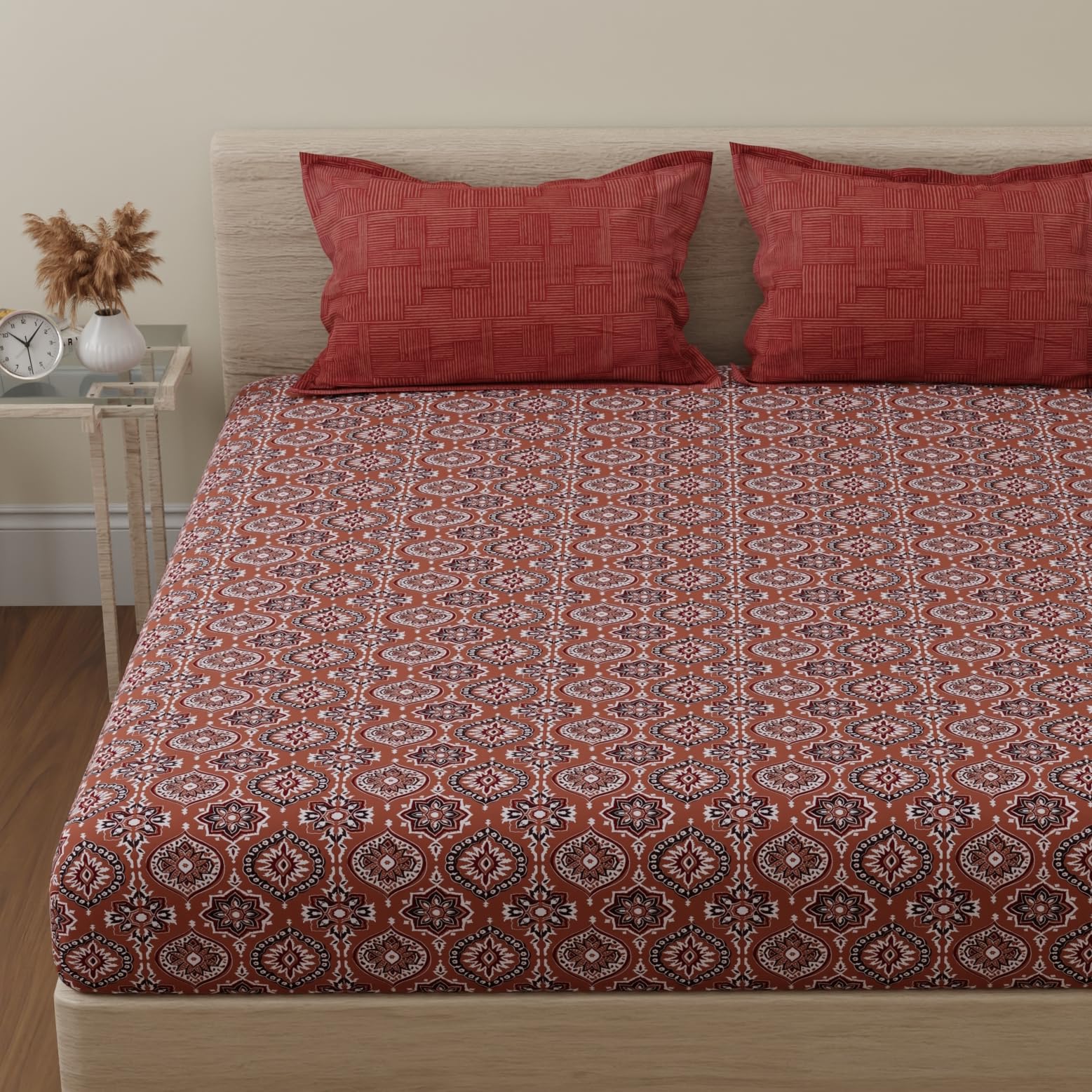 Huesland By Ahmedabad Cotton 144 Tc Cotton Bedsheet For Double Bed King Size With 2 Pillow Covers | Brown & White