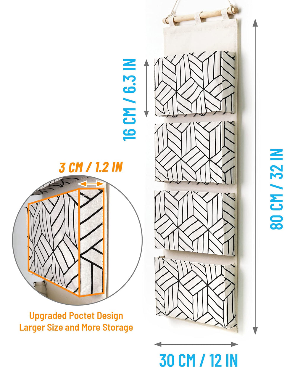 Crowned 2Pcs Over Door Hanging Storage Bags Wall Mount Closet Organizer, 4 Big Pockets Linen Cotton Fabric Living Room Bedroom B