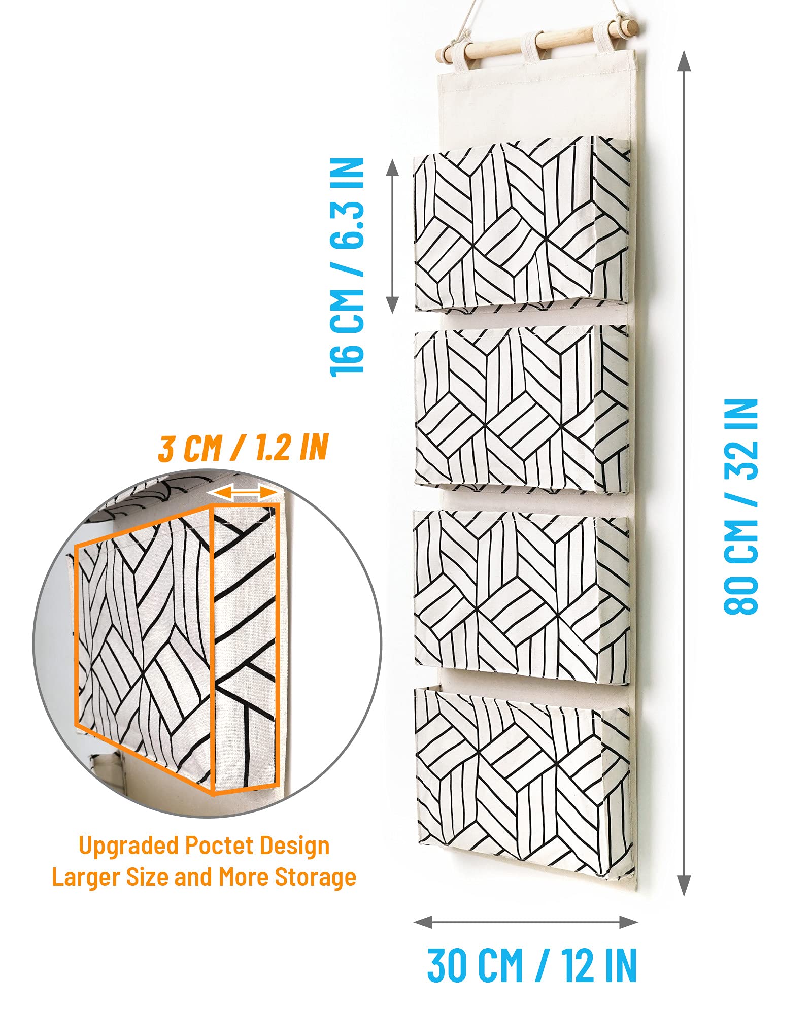 Crowned 2Pcs Over Door Hanging Storage Bags Wall Mount Closet Organizer, 4 Big Pockets Linen Cotton Fabric Living Room Bedroom B