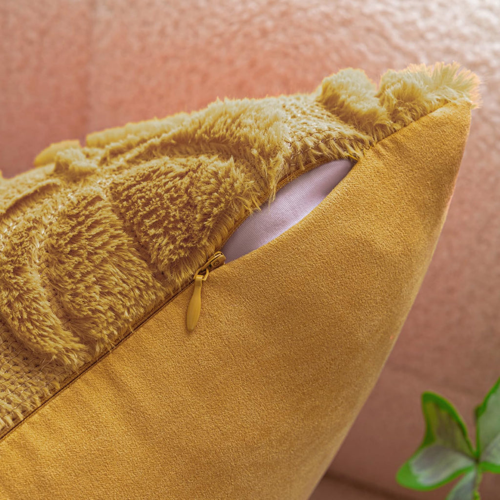 Cosibono Pumpkin Fall Decorative Throw Pillow Covers 12'X20', Set Of 2 Mustard Yellow Soft Faux Fur Pillow Covers For Autumn H