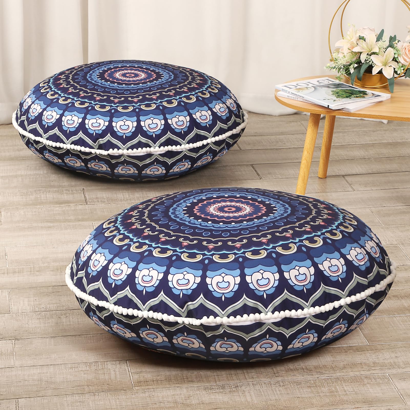 Lovmoc 32 Inches Meditation Floor Cushion For Adults, 2 Pack Round Large Thick Floor Pillow, Memory Foam Filling, Navy Blue