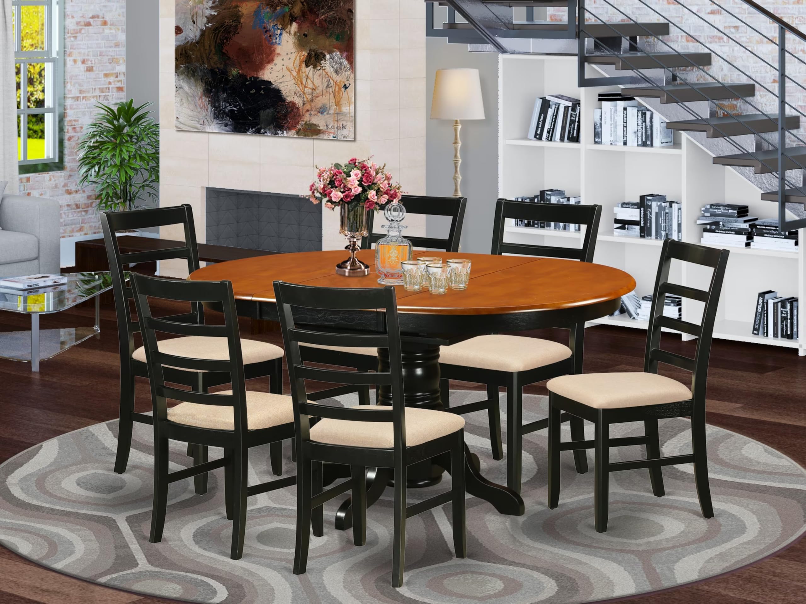 East West Furniture AVPF7-BCH-C 7 Piece Dining Table Set Consist of an Oval Dining Room Table with Butterfly Leaf and 6 Linen Fabric Upholstered Chairs, 42x60 Inch, Black & Cherry