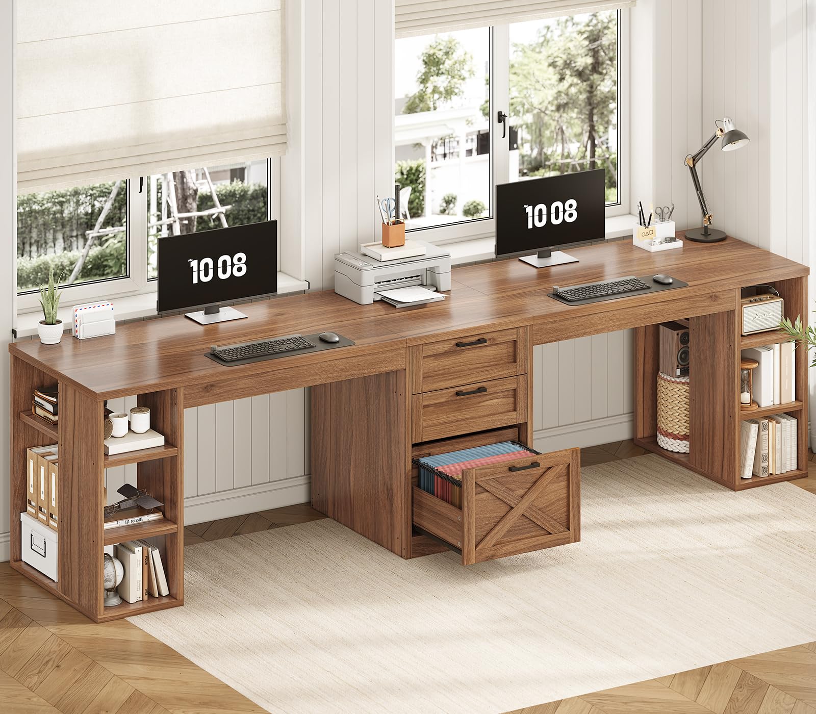 SEDETA Farmhouse 96.5 Computer Desk with Drawers, 2 Person Home Office Desk, Gaming Double Desk with Storage Shelves, Long Two P