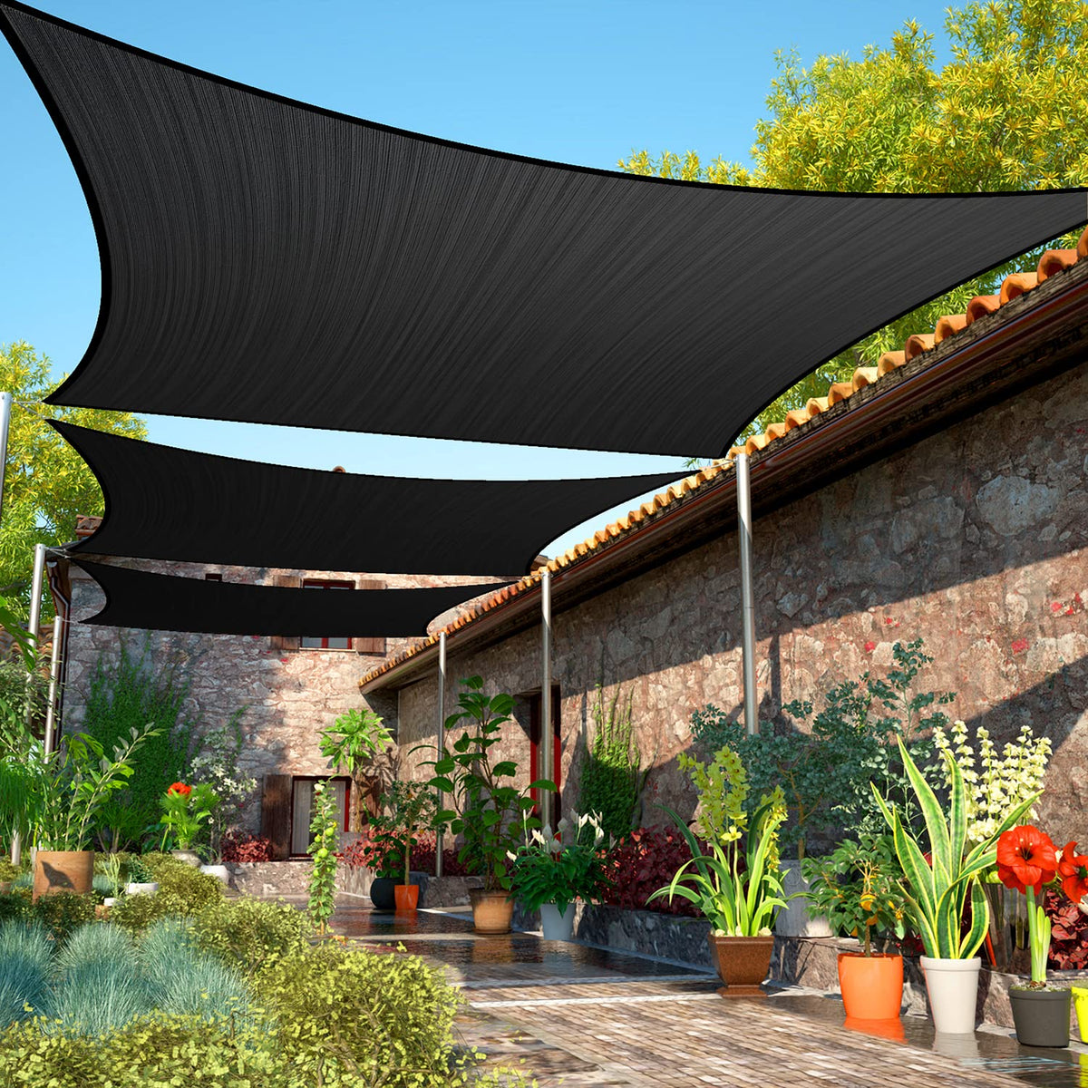 Shademart 15' X 19' Black Sun Shade Sail Upf50 Rectangle Smtapr1220 Canopy Fabric Cloth Screen, Water Permeable & Uv Resistant,
