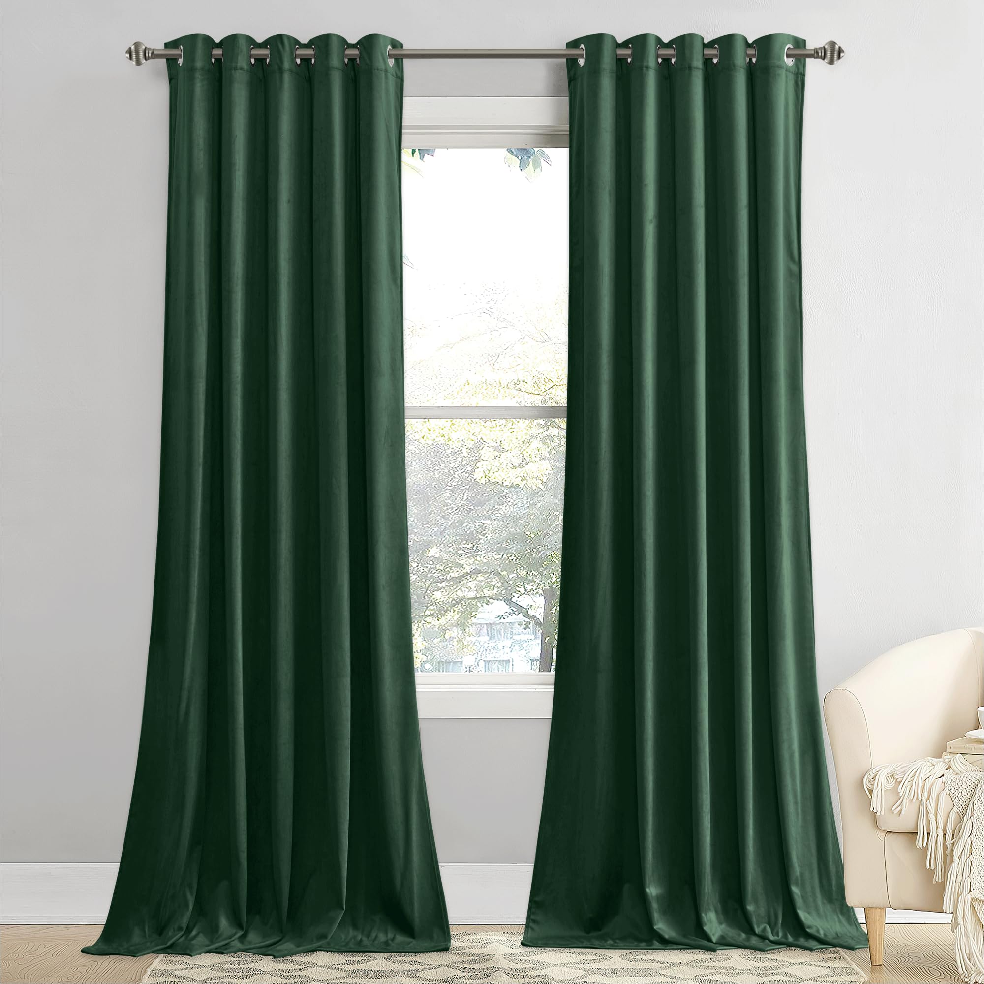 Stangh Dark Green Velvet Curtains 96 Inches Long 2 Panels, Grommet Green Curtains Room Darkening For Office/Study Luxury Home De