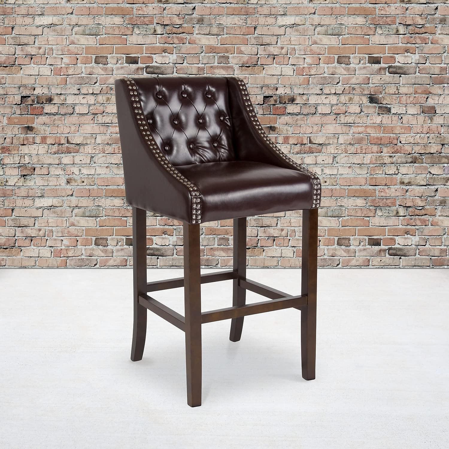 Flash Furniture Carmel Series 30' High Transitional Tufted Walnut Barstool With Accent Nail Trim In Brown Leathersoft